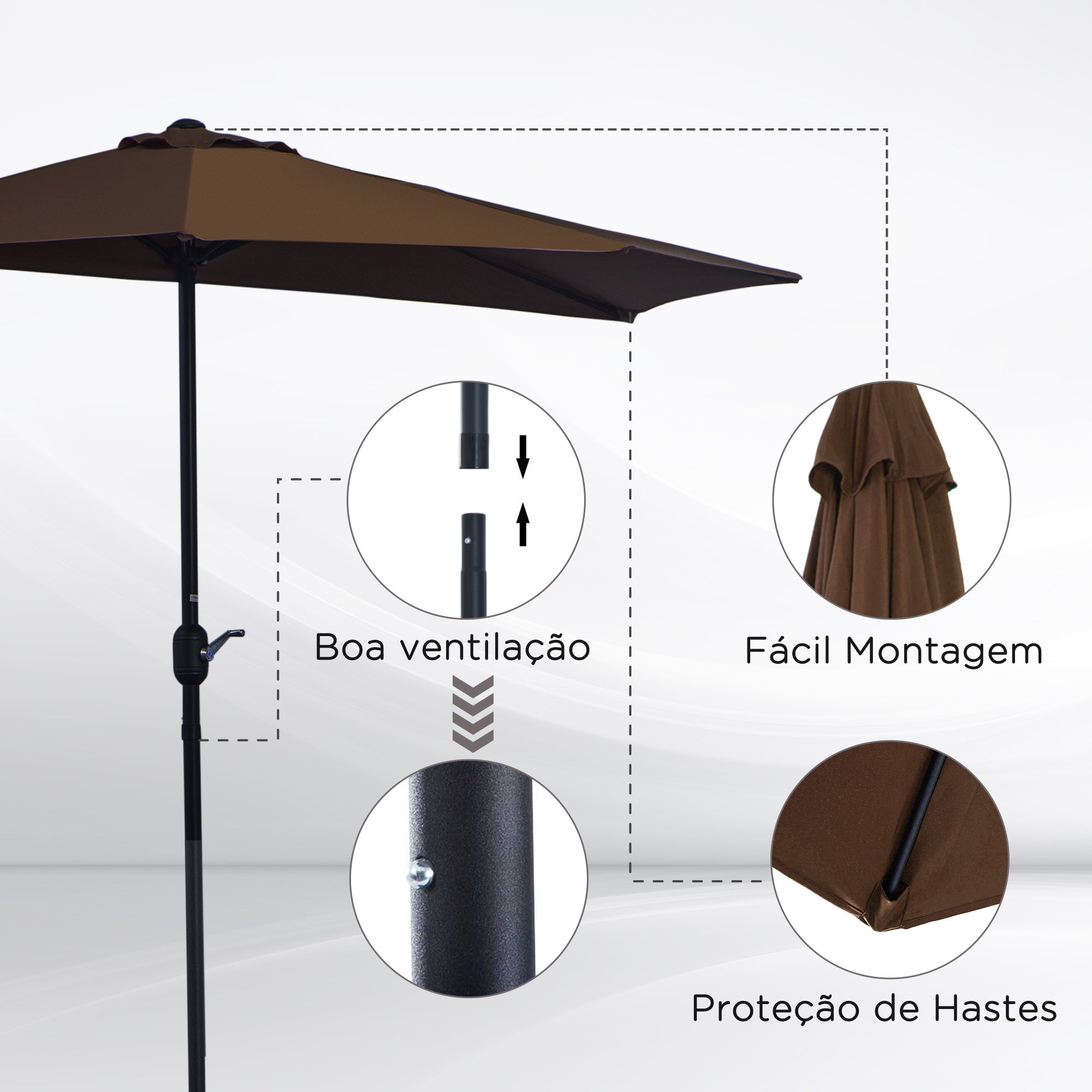 Outsunny 2.7m Balcony Half Parasol Garden Outdoor Umbrella 5 Steel Ribs - Brown