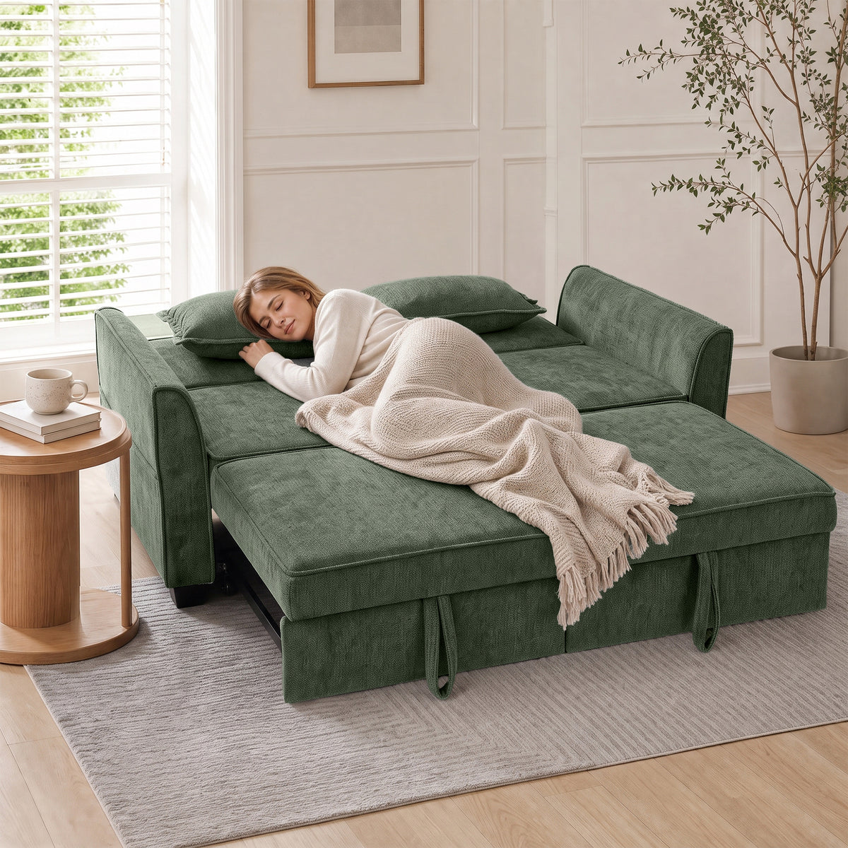 HOMCOM 2 Seater Sofa Bed, 4-in-1 L-Shaped Convertible Pull-Out Sleeper Sofa with Adjustable Backrest Side Pockets, Dark Green