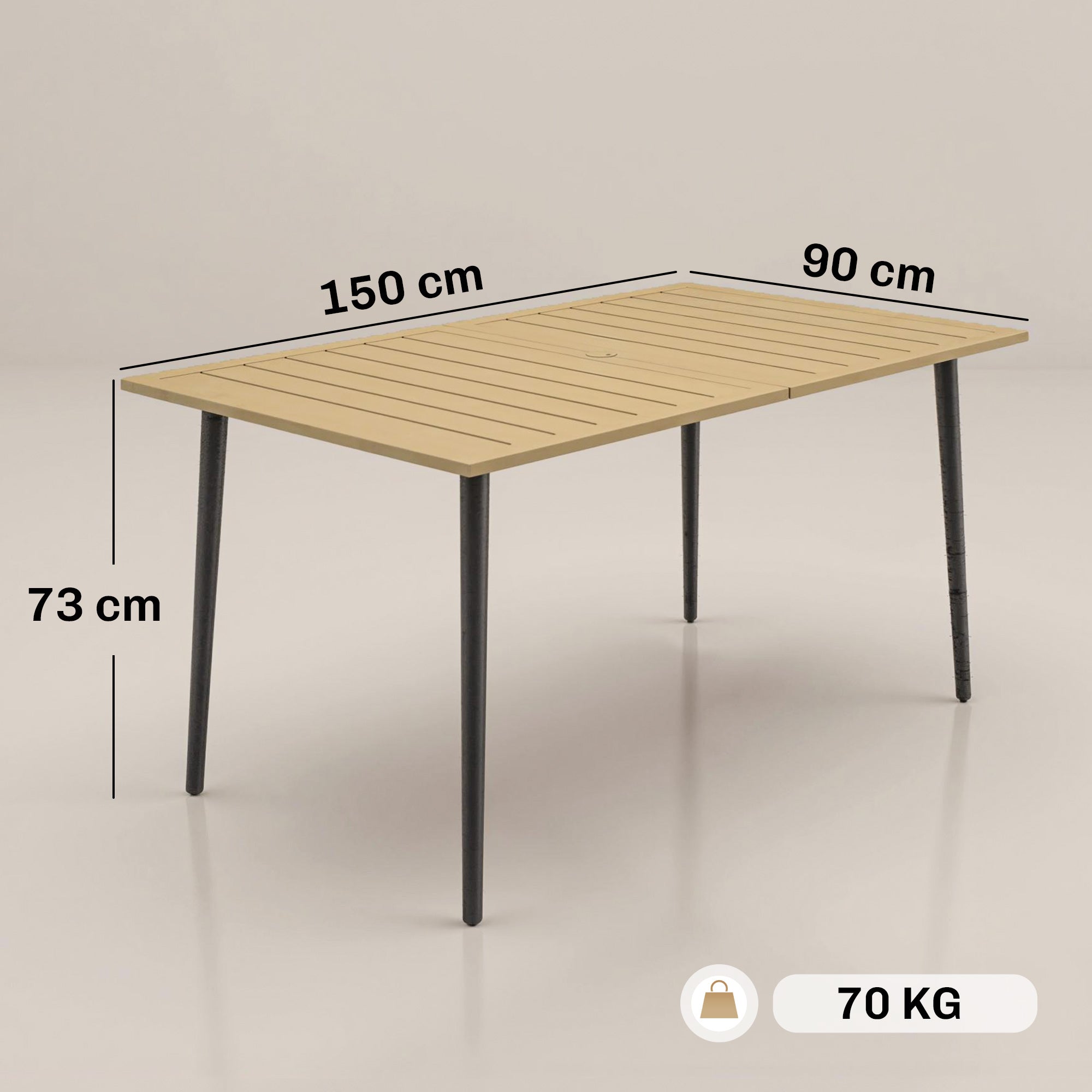Outsunny Garden Dining Table for 6 Person, Rectangle Outdoor Coffee Table with 5 cm Parasol Hole, Slatted Tabletop and Steel Frame for Patio Balcony, Brown