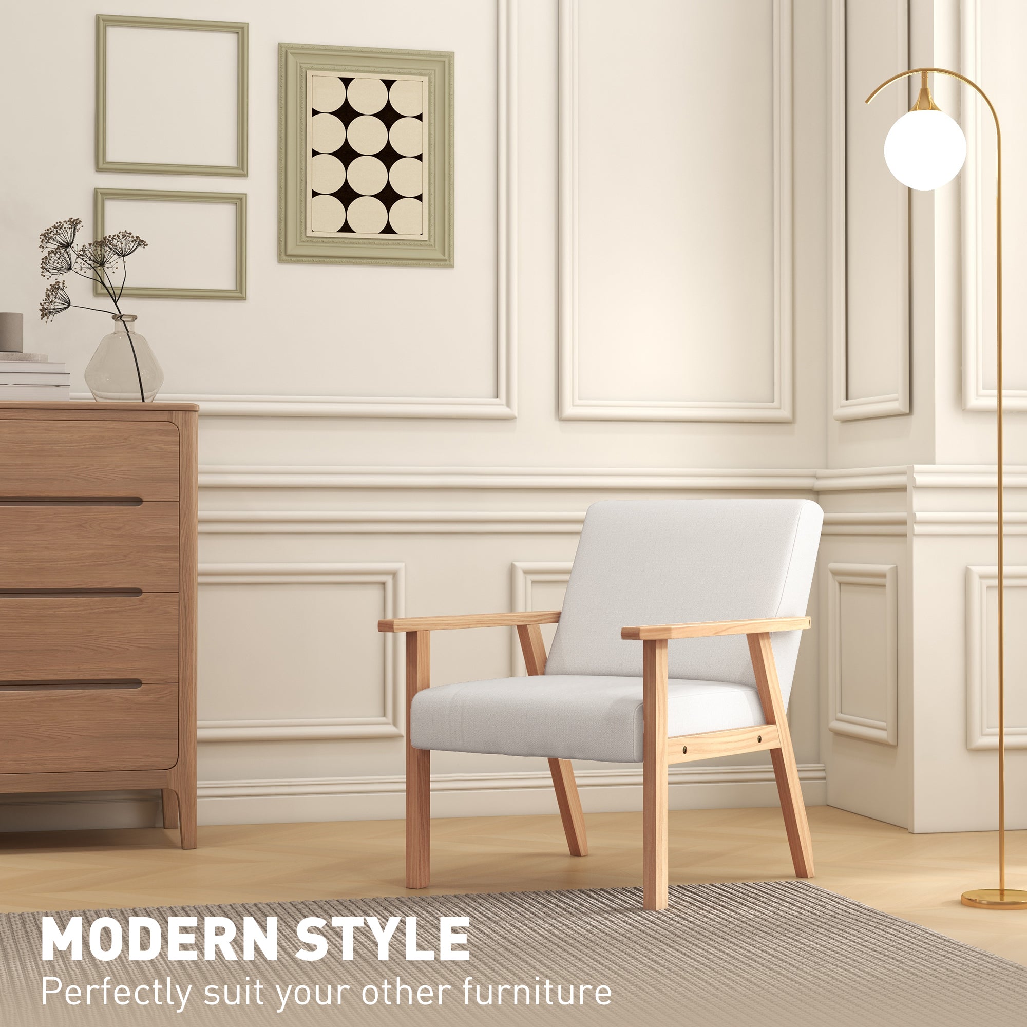 HOMCOM Accent Chair Wood Frame with Thick Linen Cushions Wide Seat Armchair Home Furniture Bedroom Office Cream White - North Peak Garden Furniture