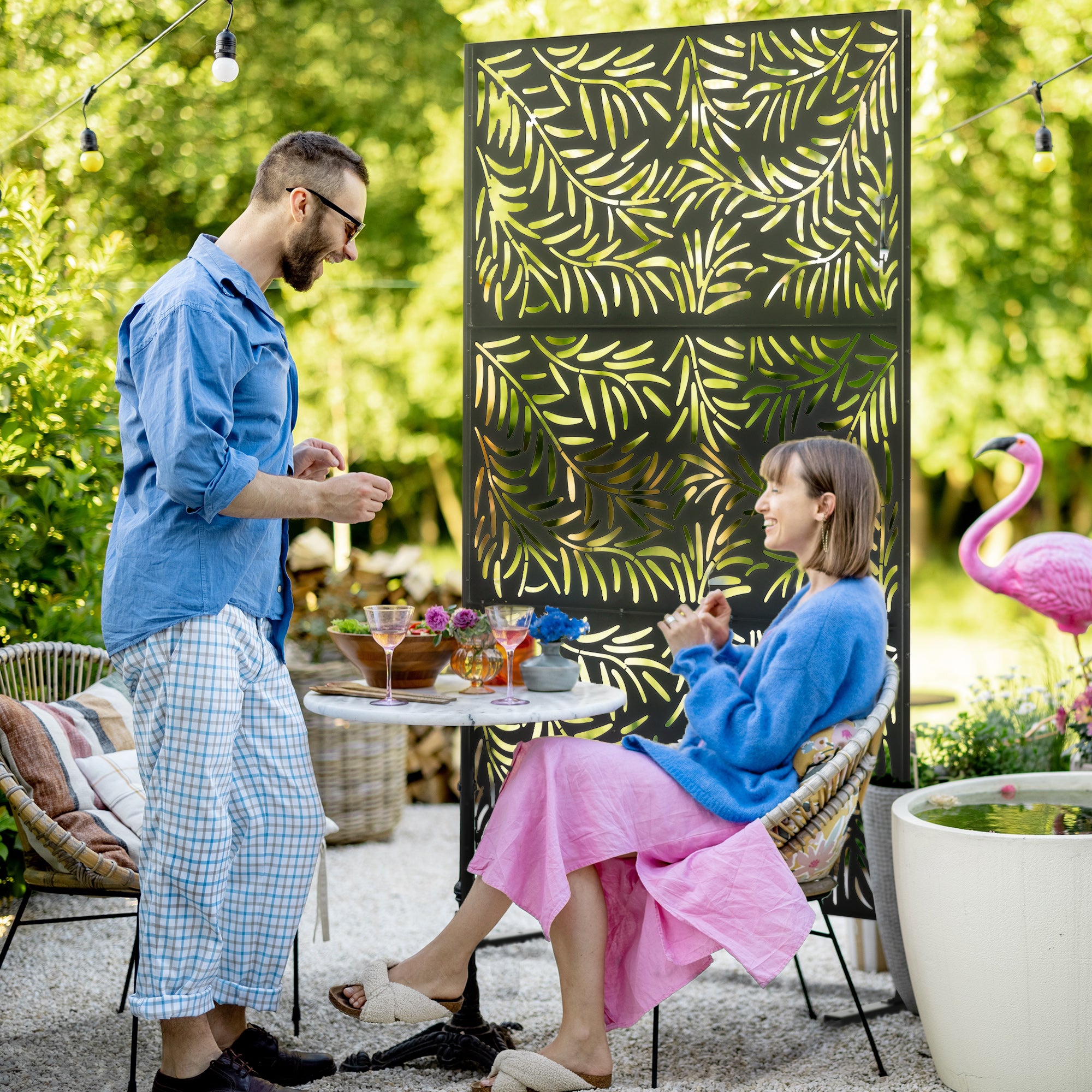 Outsunny Decorative Privacy Screen with Stand, 6.5FT Freestanding Metal Outdoor Divider, Decorative Privacy Panel with Expansion Screws for Garden Patio Pool Hot Tub, Willow Branch Style, Black - North Peak Garden Furniture