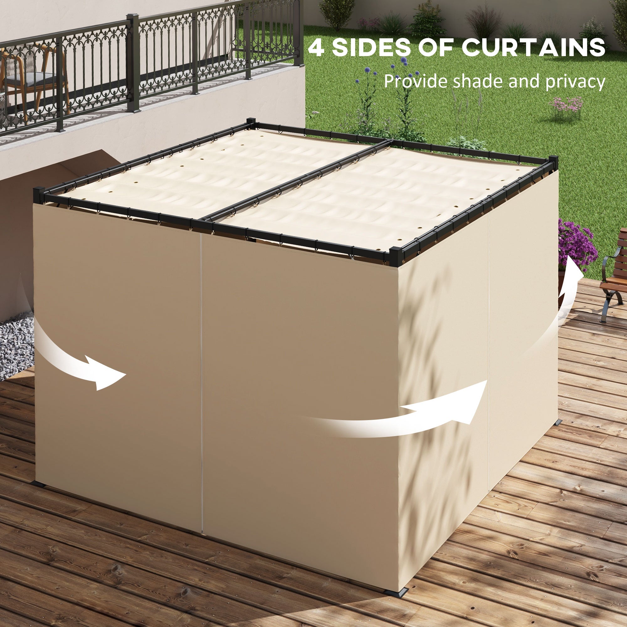 Outsunny 3 x 3(m) Retractable Pergola, Garden Gazebo Shelter with Curtains, for Grill, Patio, Deck, Beige - North Peak Garden Furniture