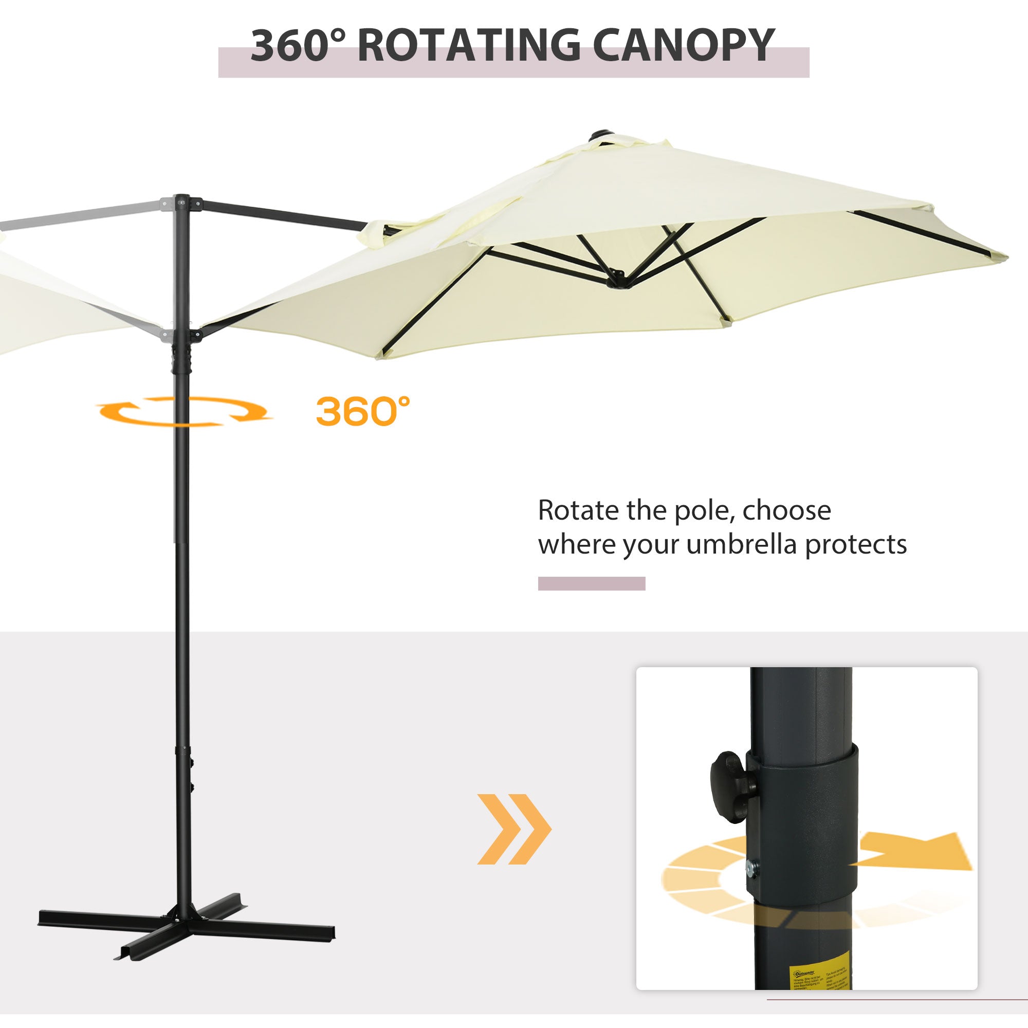 Outsunny 2.5M Garden Cantilever Parasol with 360° Rotation, Offset Roma Patio Umbrella Hanging Sun Shade Canopy Shelter with Cross Base, Beige - North Peak Garden Furniture