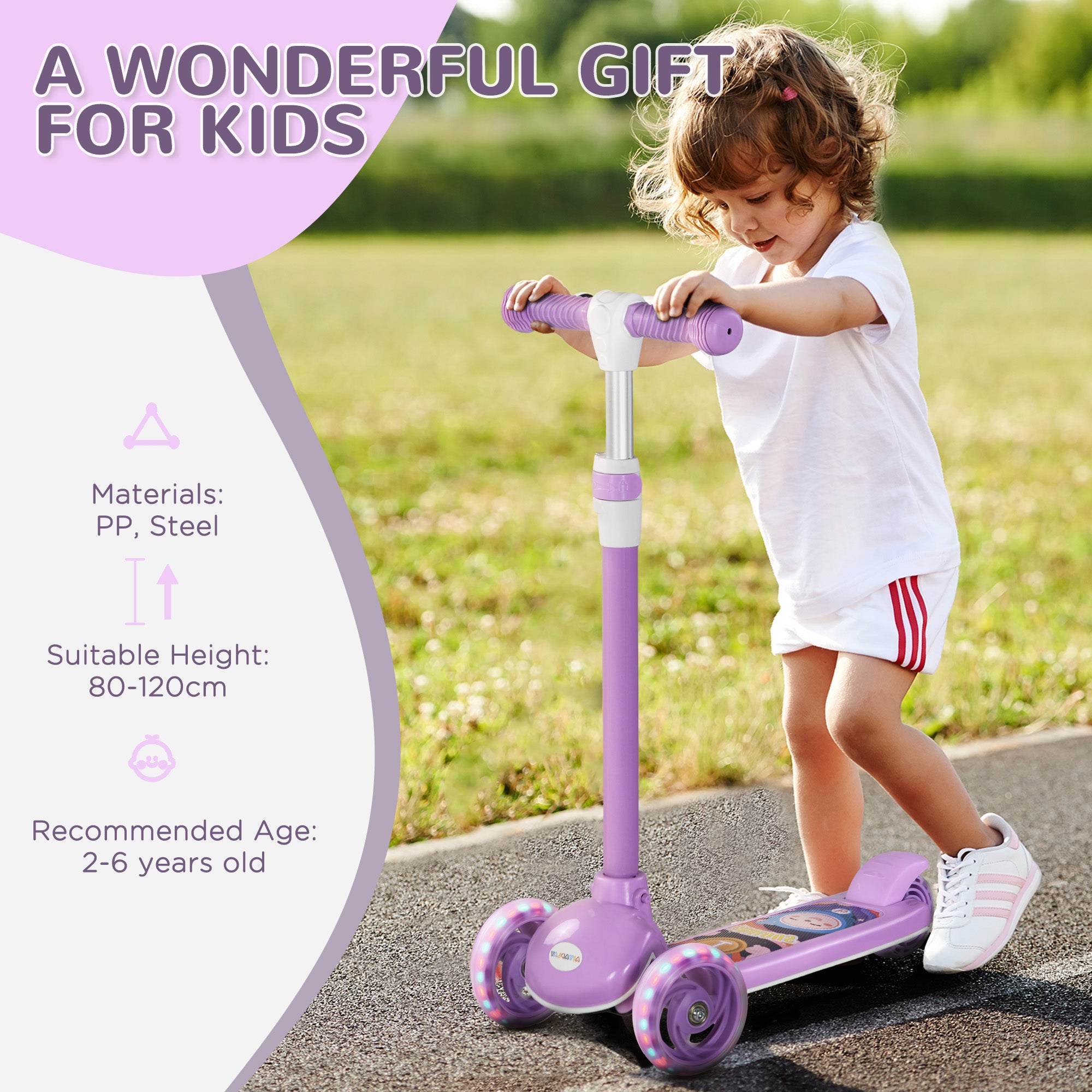 AIYAPLAY Kids 3 Wheel Scooter for 2-6 Years Old w/ Adjustable Height, LED Light, TPE Handlebar, Purple - North Peak Garden Furniture