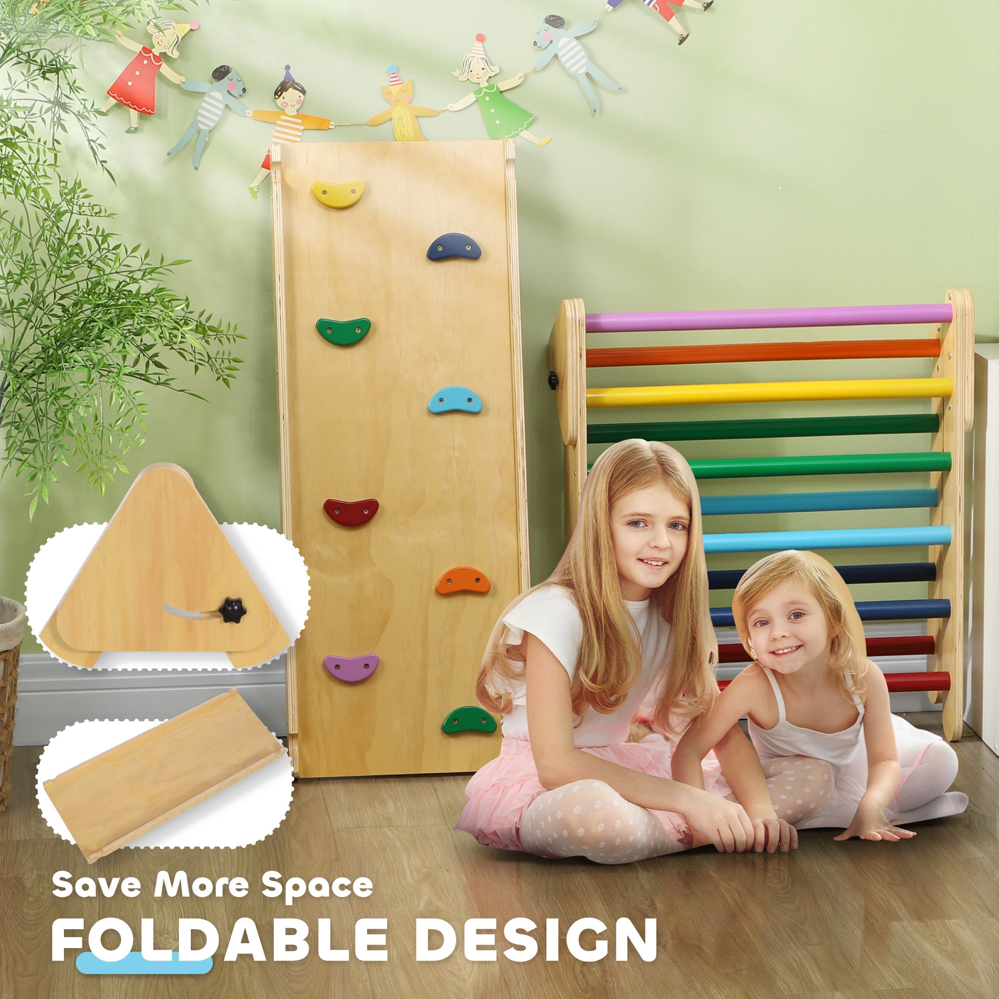 AIYAPLAY Toddler Climbing Frame for Kids with Ramp, 3 in 1 Wooden Pikler Triangle Set for 18-48 Months, Multicolour - North Peak Garden Furniture