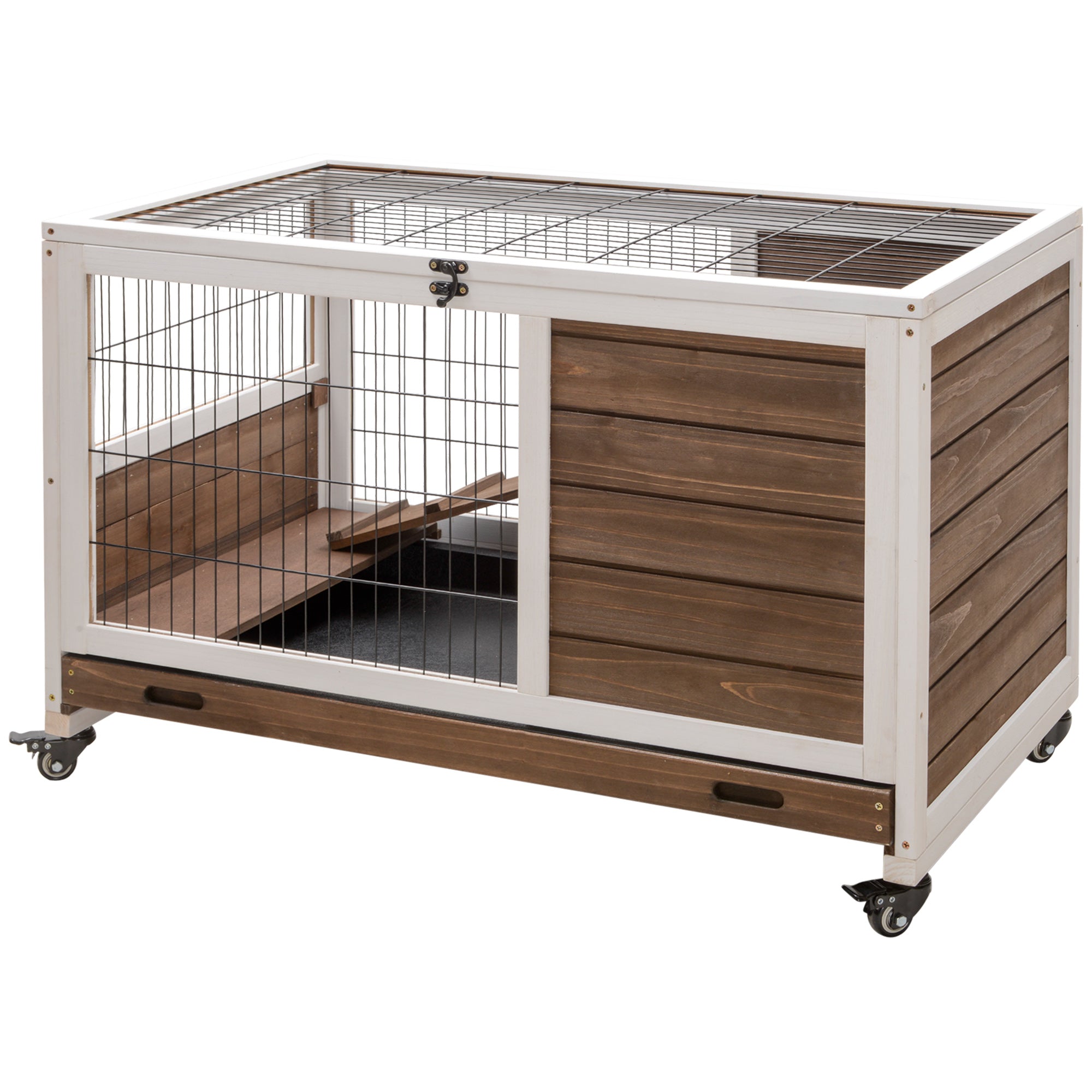 PawHut Wooden Guinea Pig Hutch, 2-Floor Bunny Cage w/ Enclosed Run Area, Brown