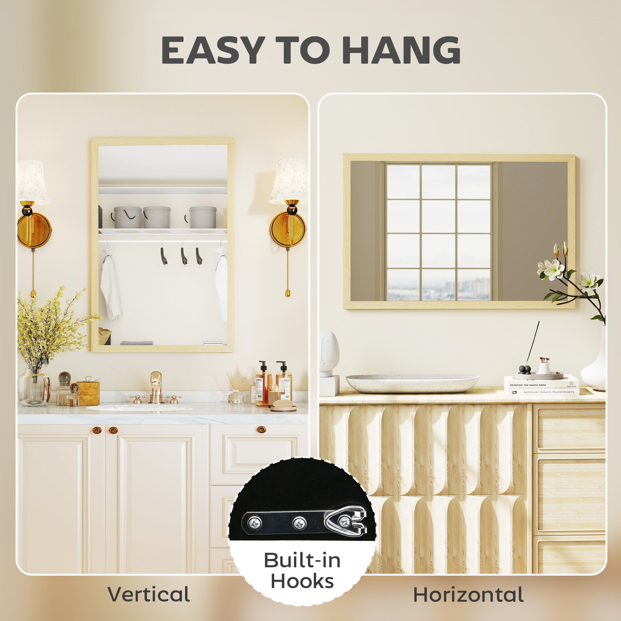 HOMCOM Wall Bathroom Mirror, 60 x 40 cm Wall-Mounted Mirror for Living Room, Bedroom, Hallway, Natural Wood Finish