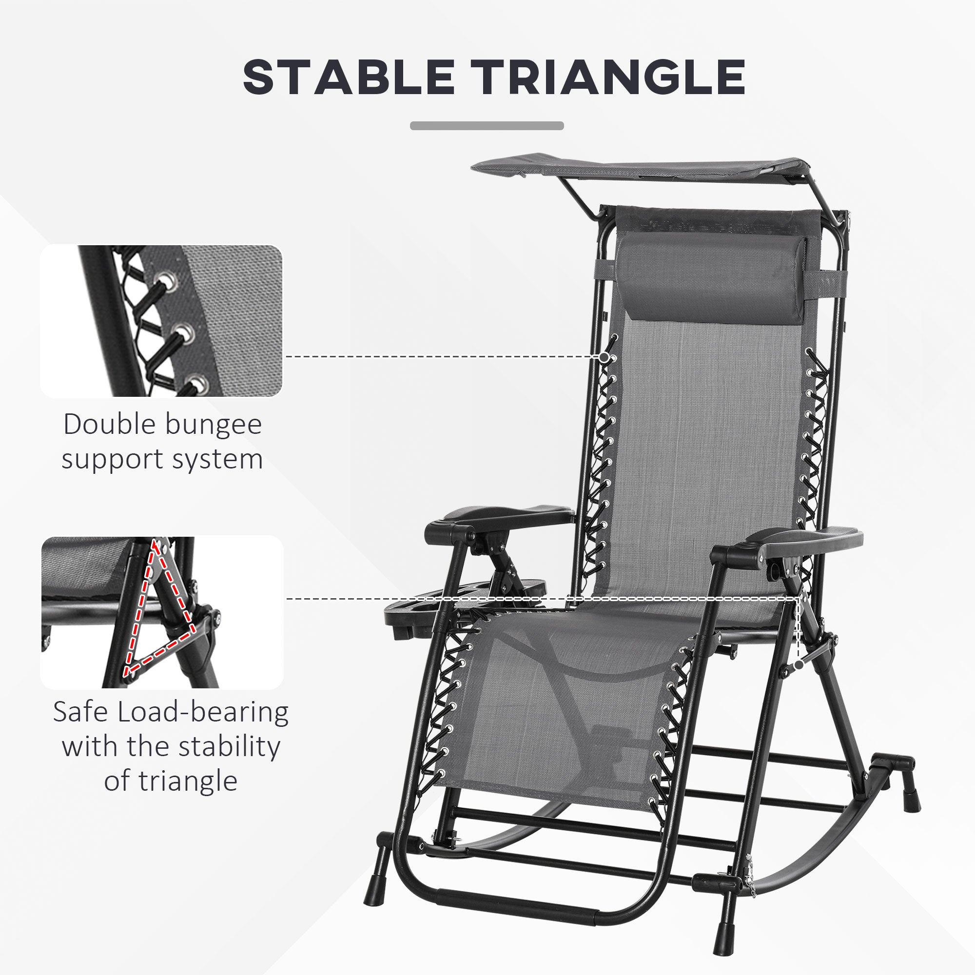 Outsunny Garden Rocking Chair Folding Recliner Outdoor Adjustable Sun Lounger Rocker Zero-Gravity Seat with Headrest Side Holder Patio Deck - Grey - North Peak Garden Furniture