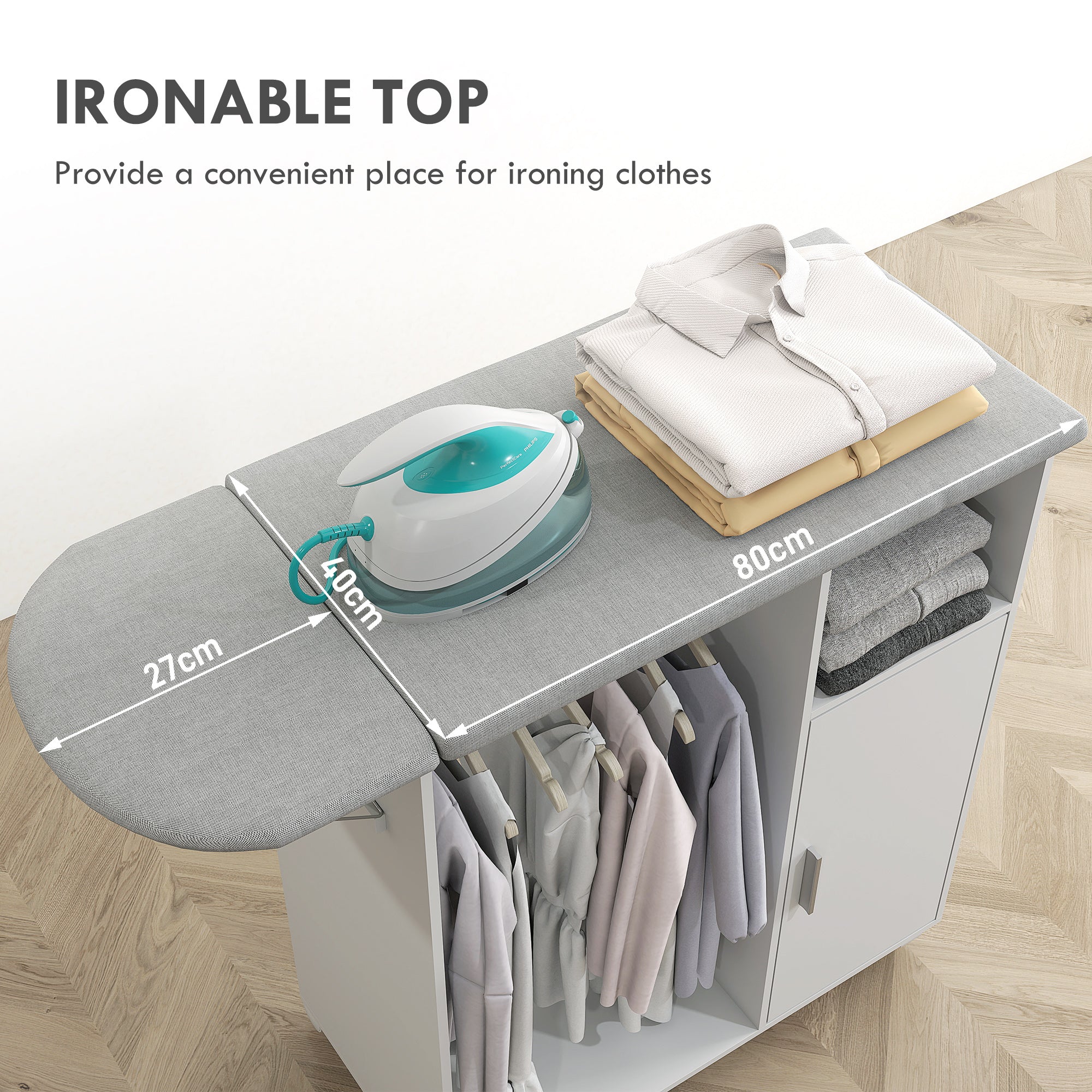 HOMCOM Rolling Ironing Board Cabinet, Foldable Ironing Station with Storage, Wheels for Home, Laundry Room, White