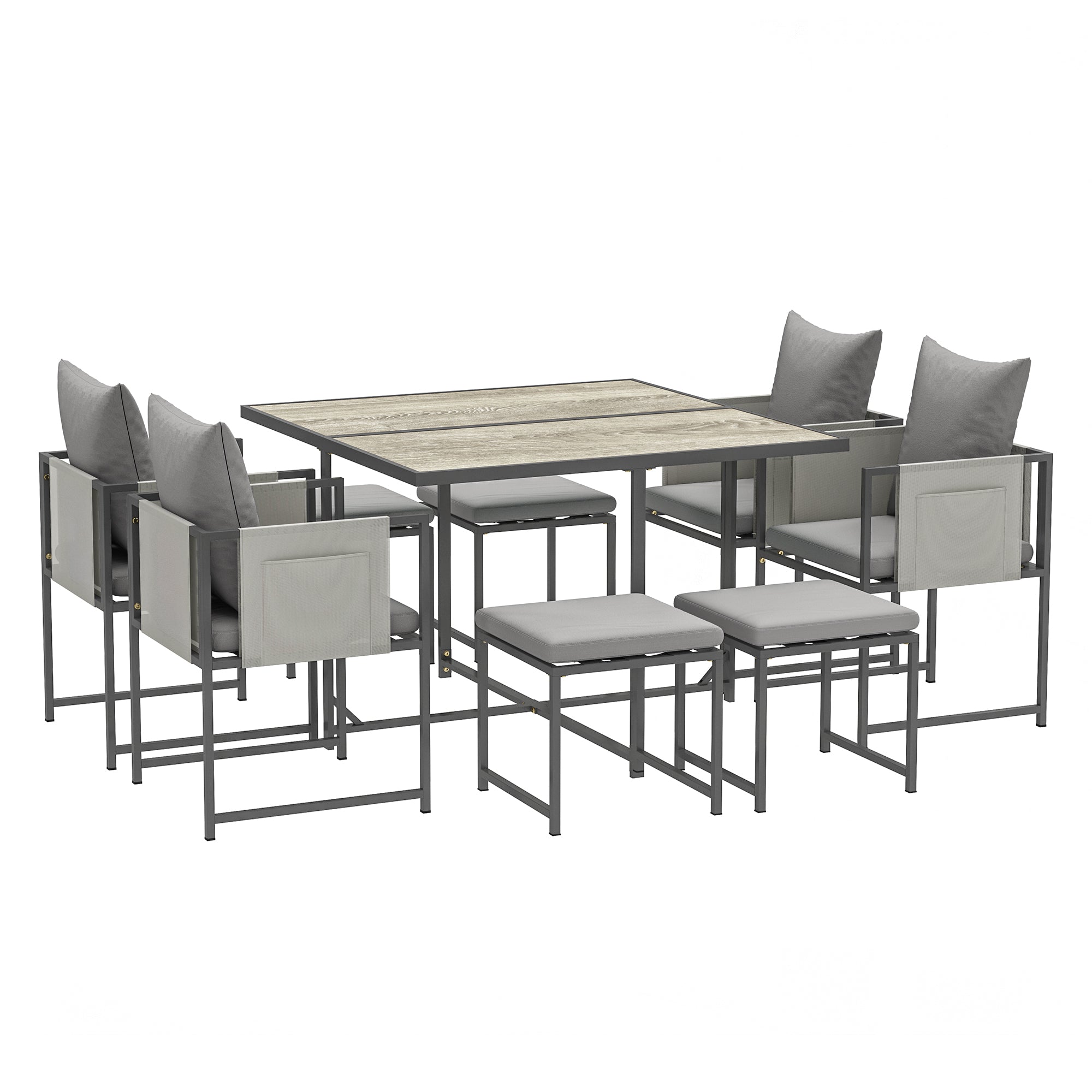 Outsunny 9 Piece Garden Dining Set, Cube Outdoor Garden Furniture Set with Cushions, 8 Seater Garden Table and Chairs with 4 Stools, Square PSPC Plastic Top Table, Side Pockets for Patio, Grey