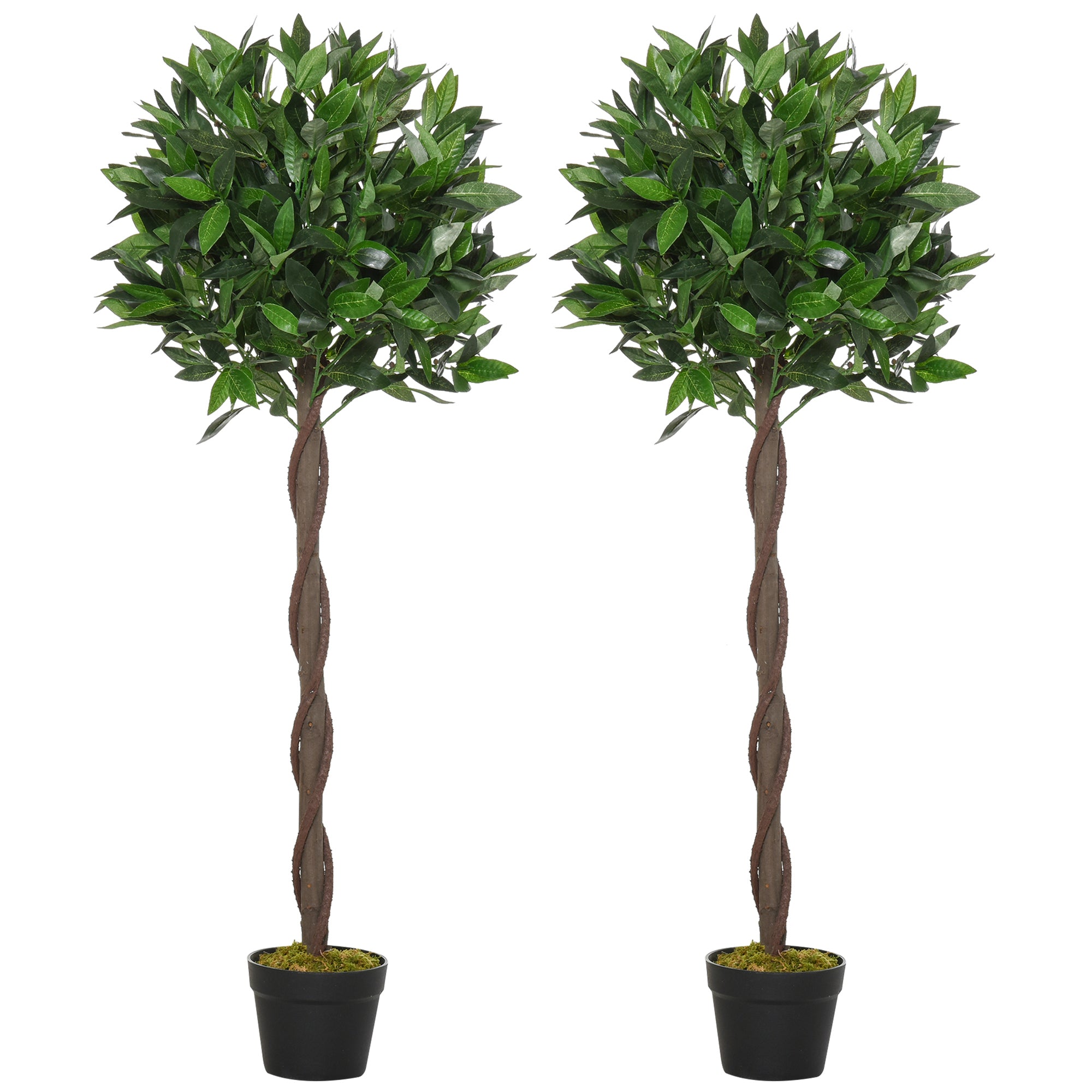 Outsunny Set Of 2 120cm/4FT Artificial Bay Laurel Topiary Trees w/ Pot Fake Indoor Outdoor Greenery Plant Home Office Garden Decor Green - North Peak Garden Furniture