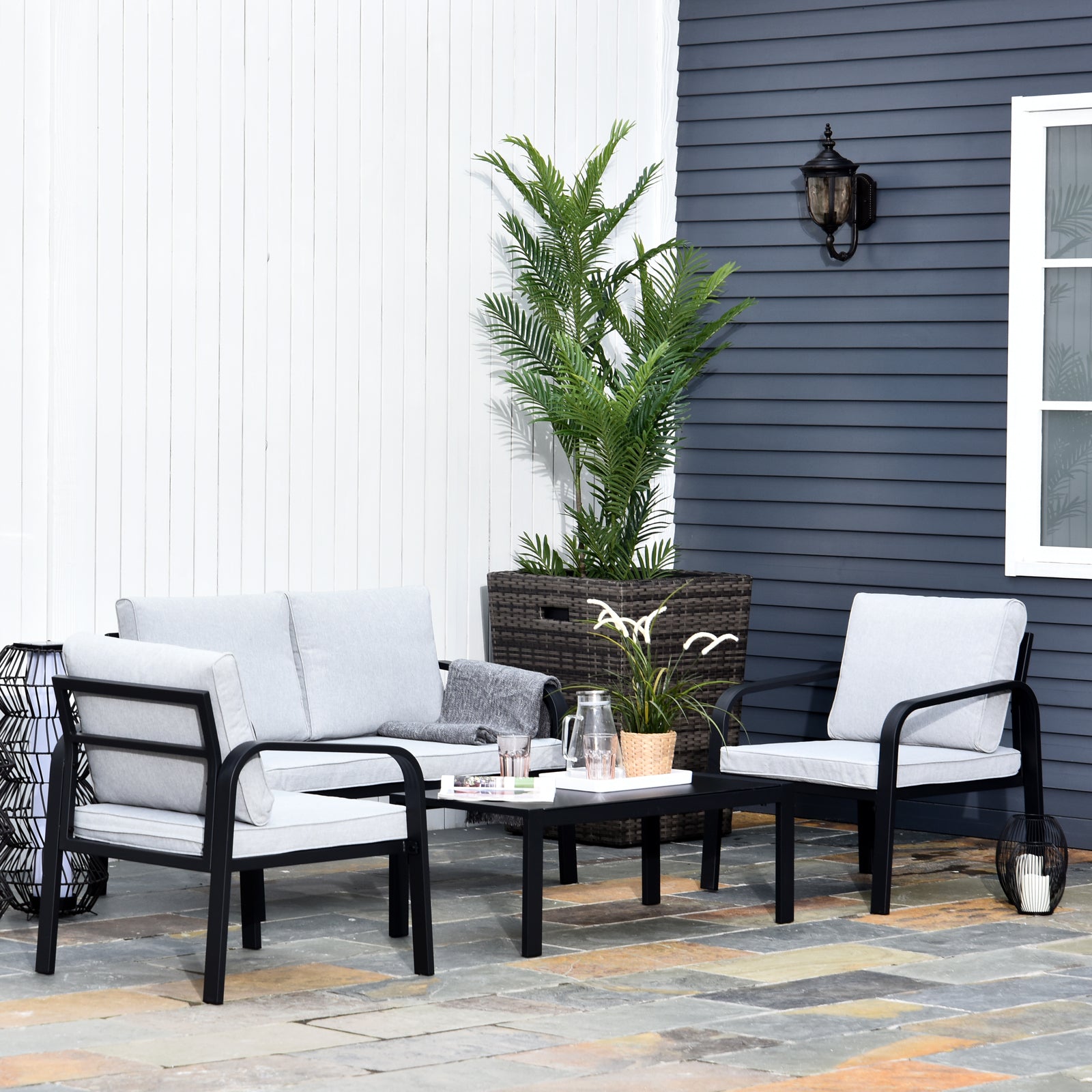 Outsunny 4pcs Garden Sofa Set 2 Single Armchair, 1 Bench & 1 Coffee Table Set Aluminum Frame Patio Furniture with Cushions, Black - North Peak Garden Furniture