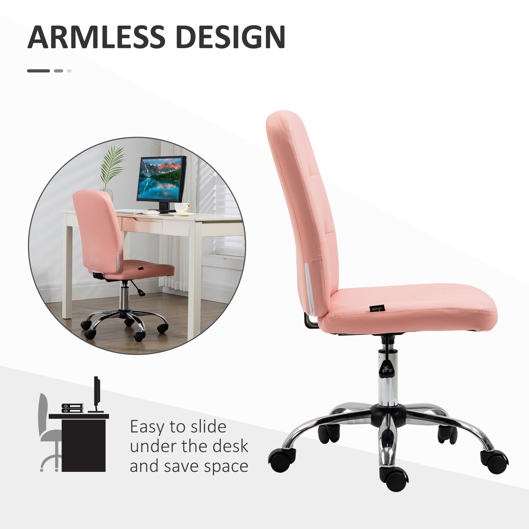 Vinsetto Armless Faux Leather Office Chair - Pink - North Peak Garden Furniture
