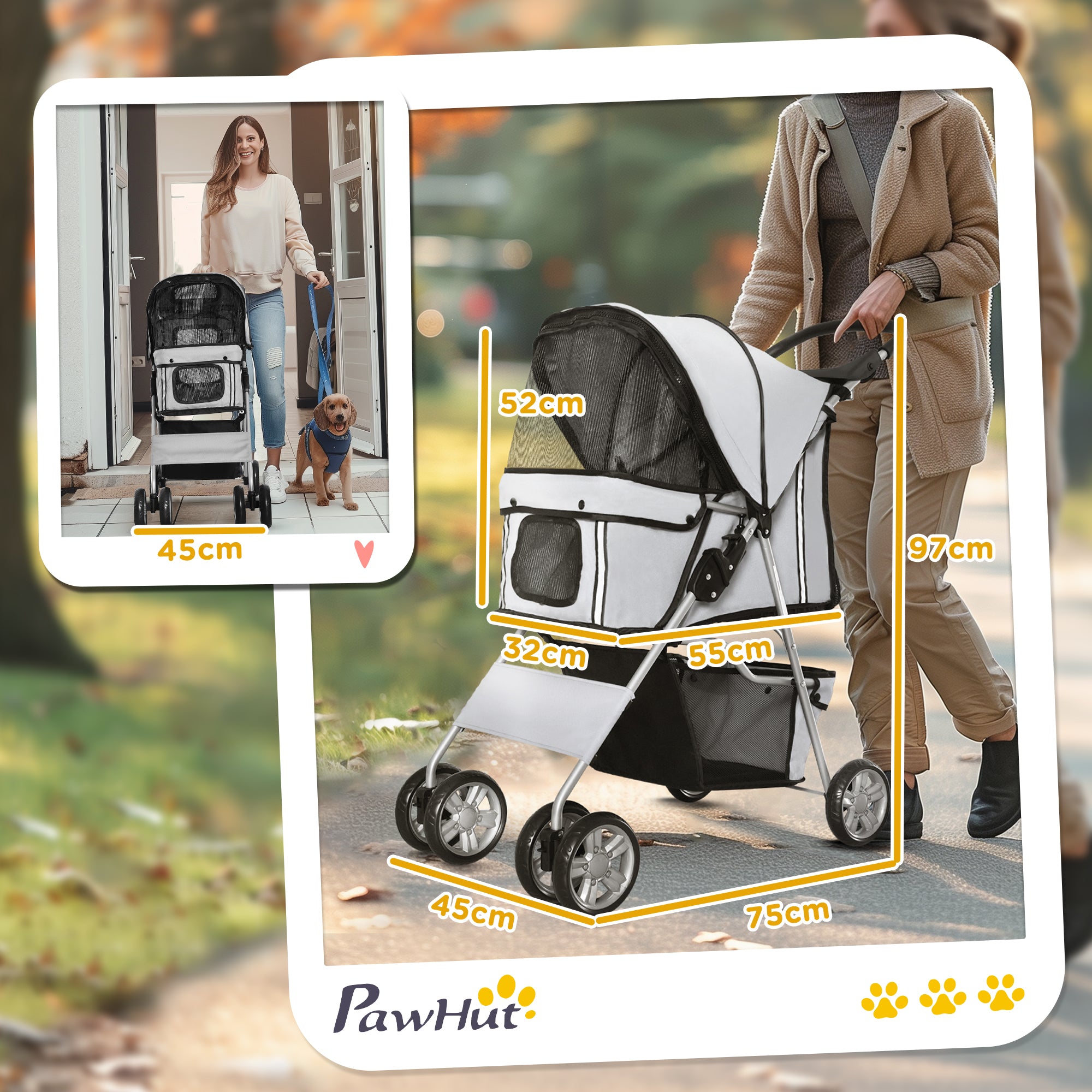 PawHut Pet Stroller for Pooches: Foldable Pushchair with Wheels, Zipper Entry, Cup Holder & Basket, Grey