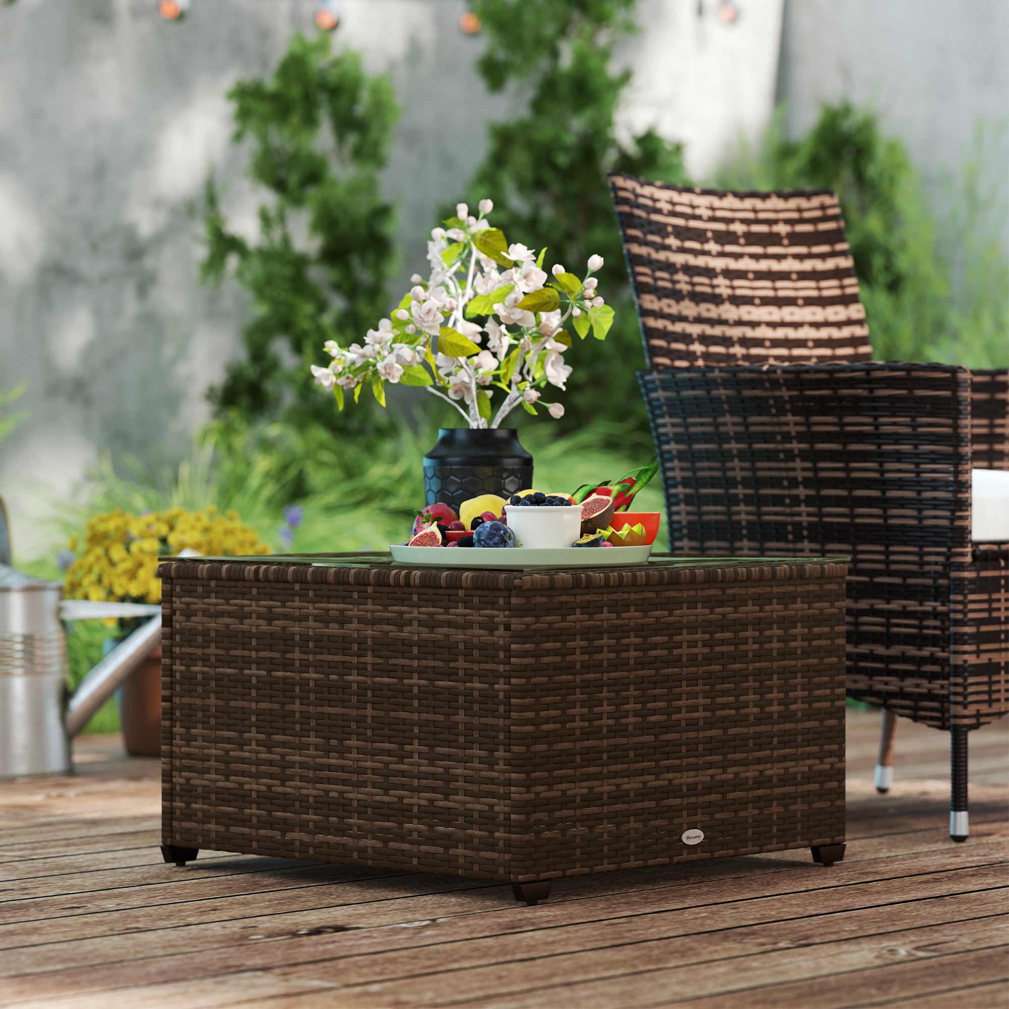 Outsunny 62 x 62cm Glass-Top Rattan Side Table - Brown