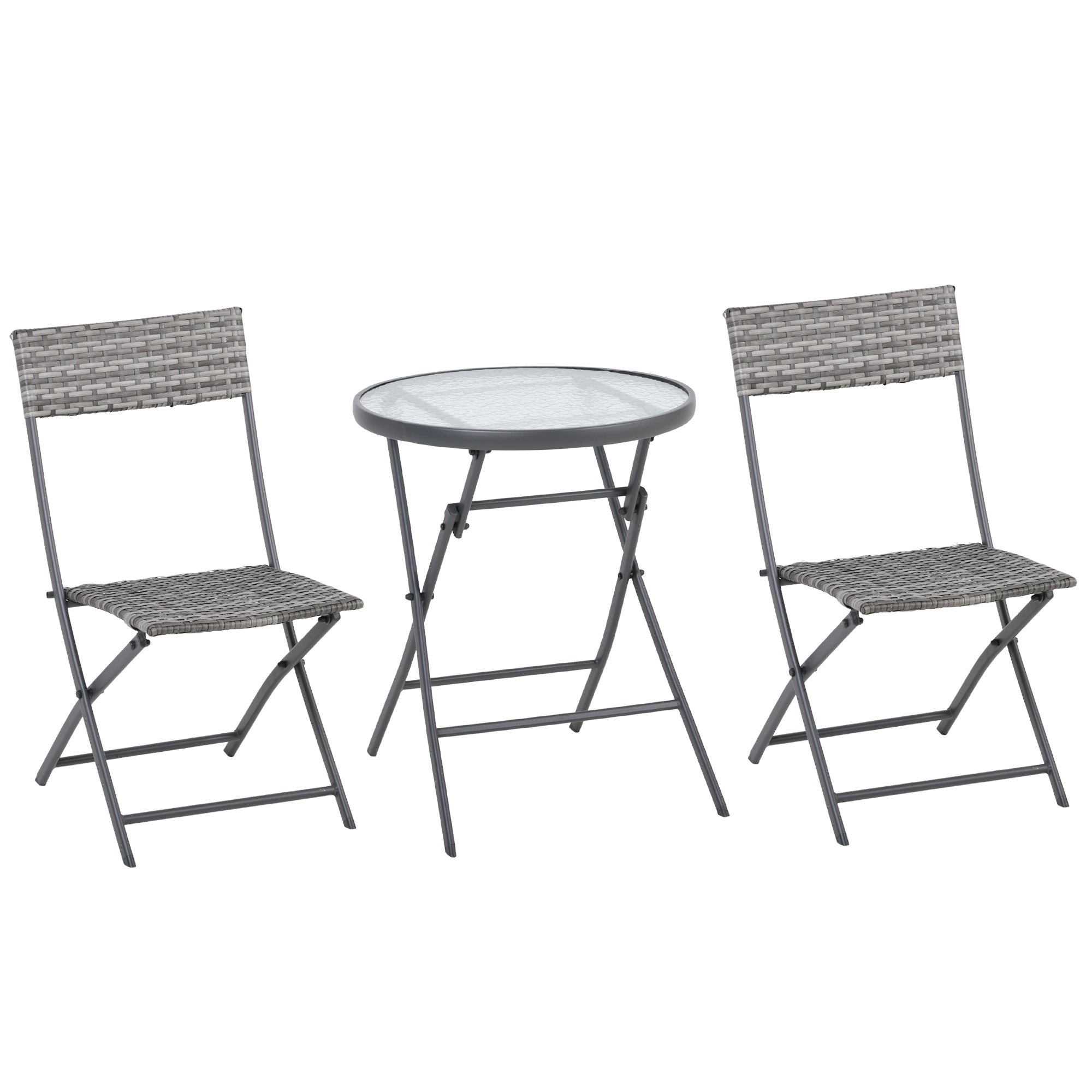 Outsunny 2 Seater Rattan Bistro Set Outdoor Foldable Wicker Conversation Balcony Furniture Set for Outdoor Yard Porch Poolside Lawn Balcony Grey