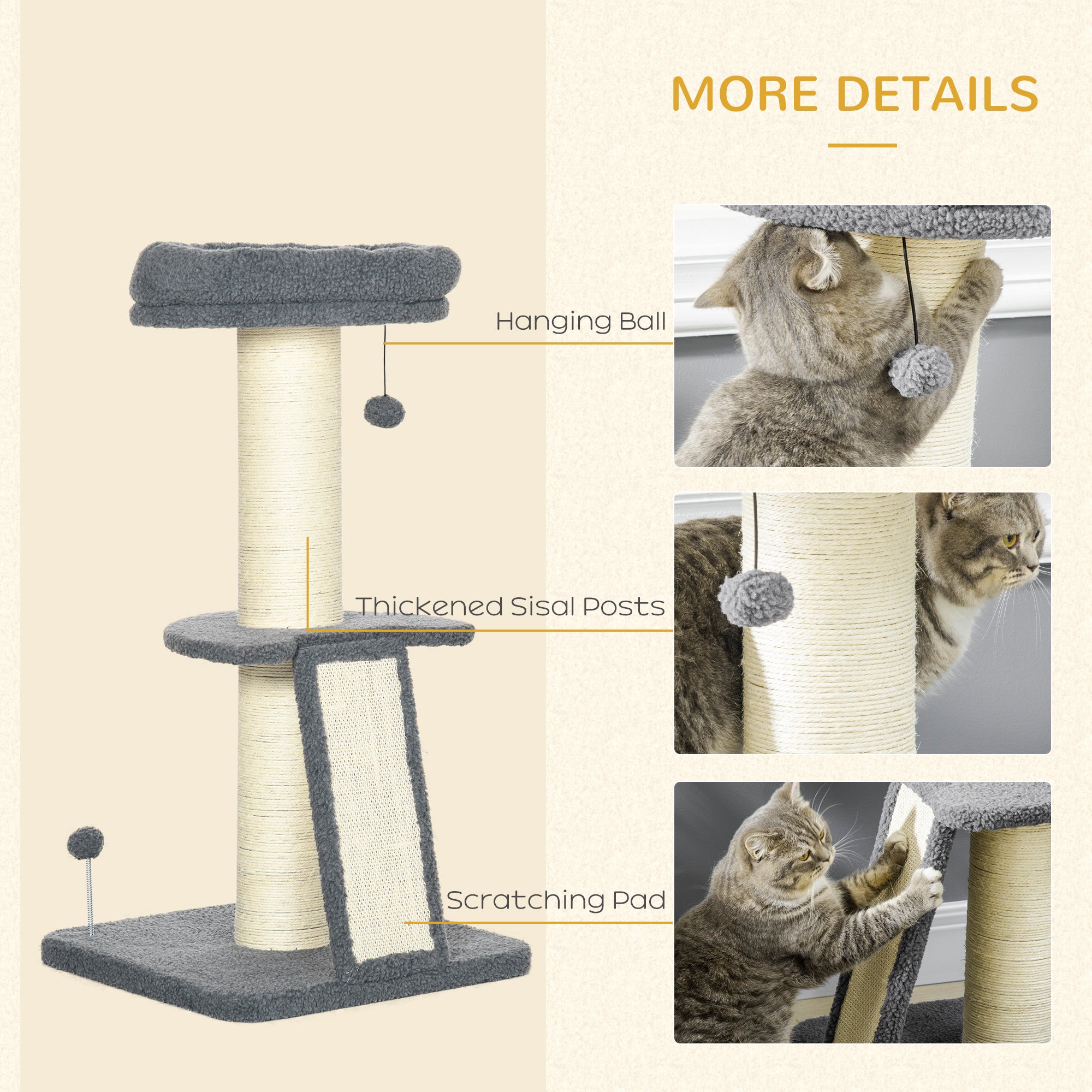 PawHut Cat Tree Tower with Scratching Posts, Pad, Bed, Toy Ball-Dark Grey - North Peak Garden Furniture