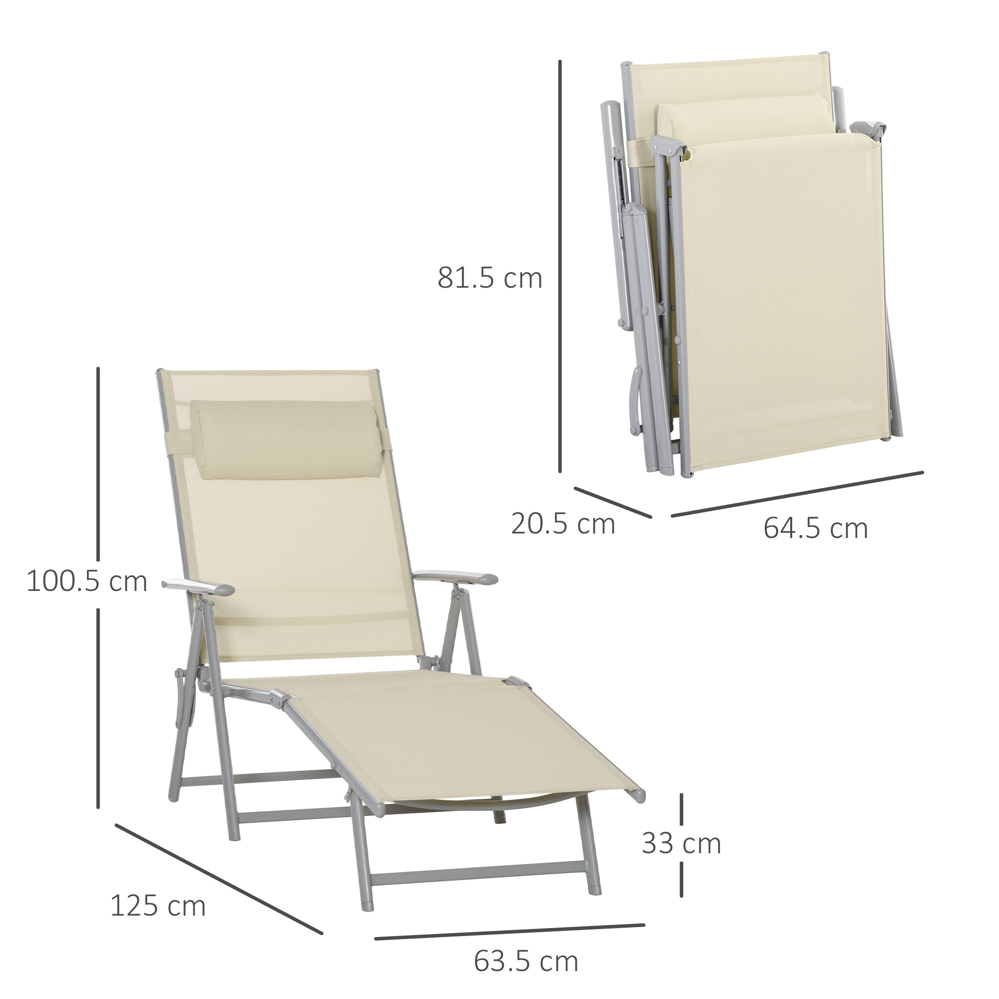 Outsunny Steel Fabric Sun Lounger Outdoor Folding Chaise Lounge Chair Recliner with Portable Design & 7 Adjustable Backrest Positions - Beige - North Peak Garden Furniture