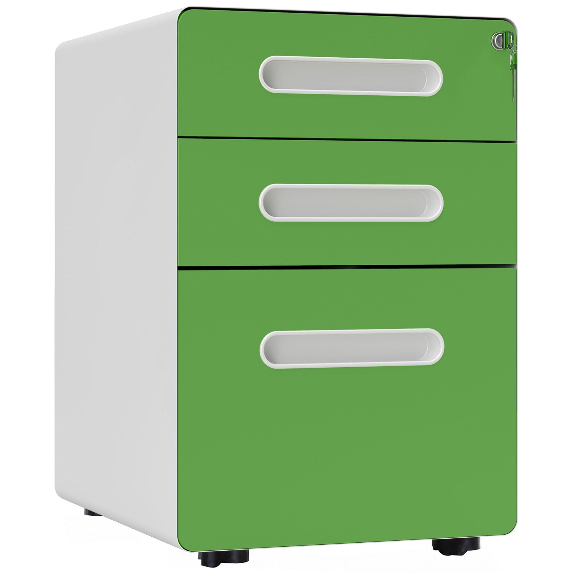 Vinsetto 3 Drawer Filing Cabinet, Steel Lockable File Cabinet with Lock and Wheels, for A4, Letter, Legal Sized Files, Green - North Peak Garden Furniture