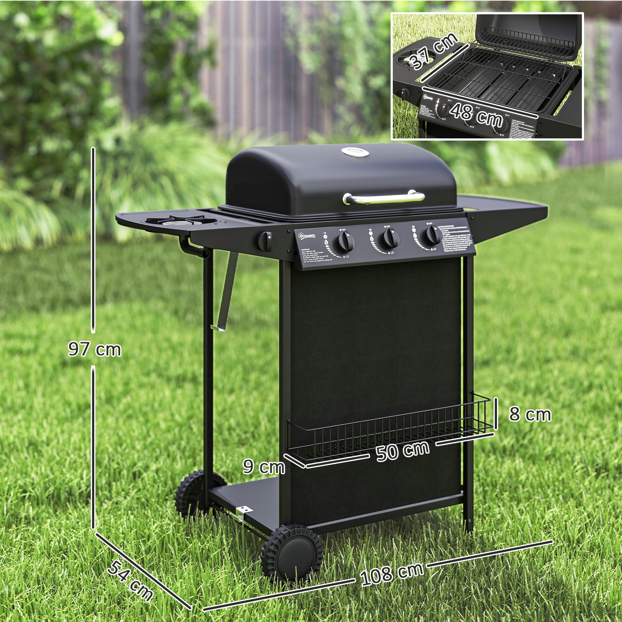 Outsunny 3+1 Burner Gas BBQ Grill, Portable Gas Barbecue Grill with Built-in Thermometer, Lid, Side Table, Shelf, Spice Rack, Wheels, Grease Cup for Garden Party Outdoor Cooking, Black - North Peak Garden Furniture