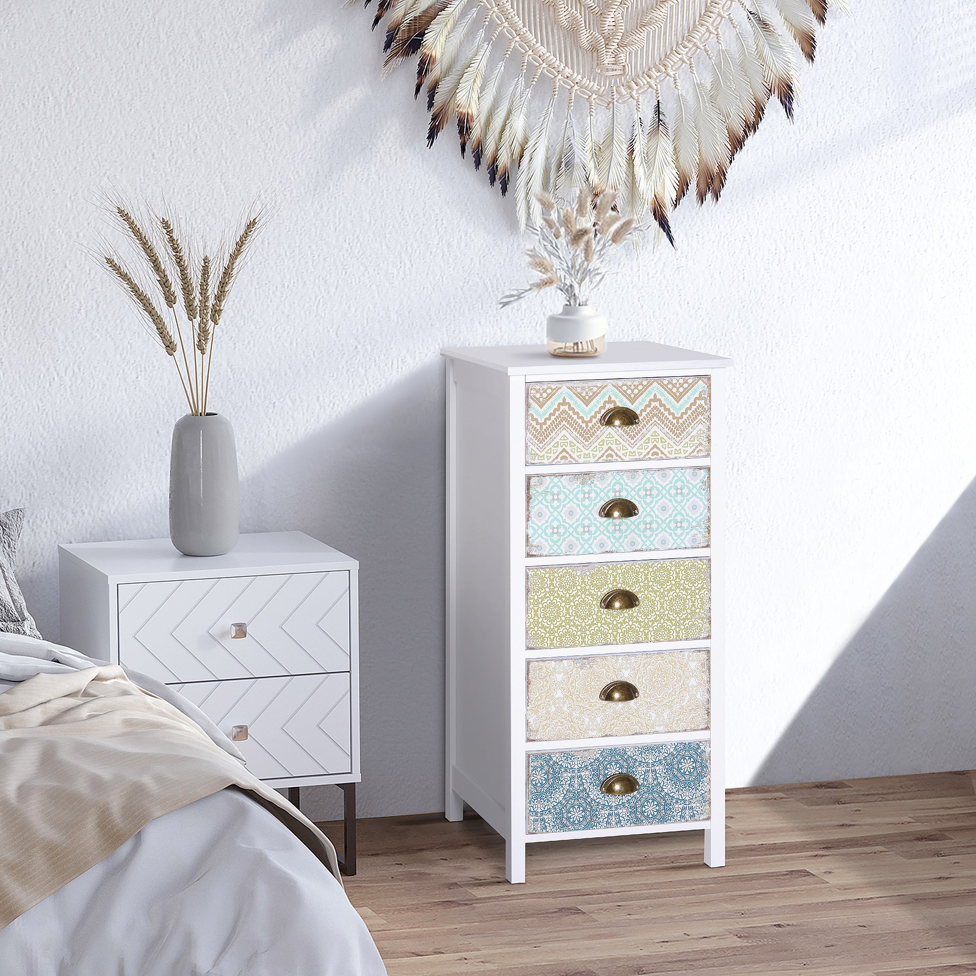 HOMCOM Chest of 5 Drawers Bedside Cabinet Side Storage Chest Entryway Living Room Bedroom Furniture Organizer Unit - North Peak Garden Furniture