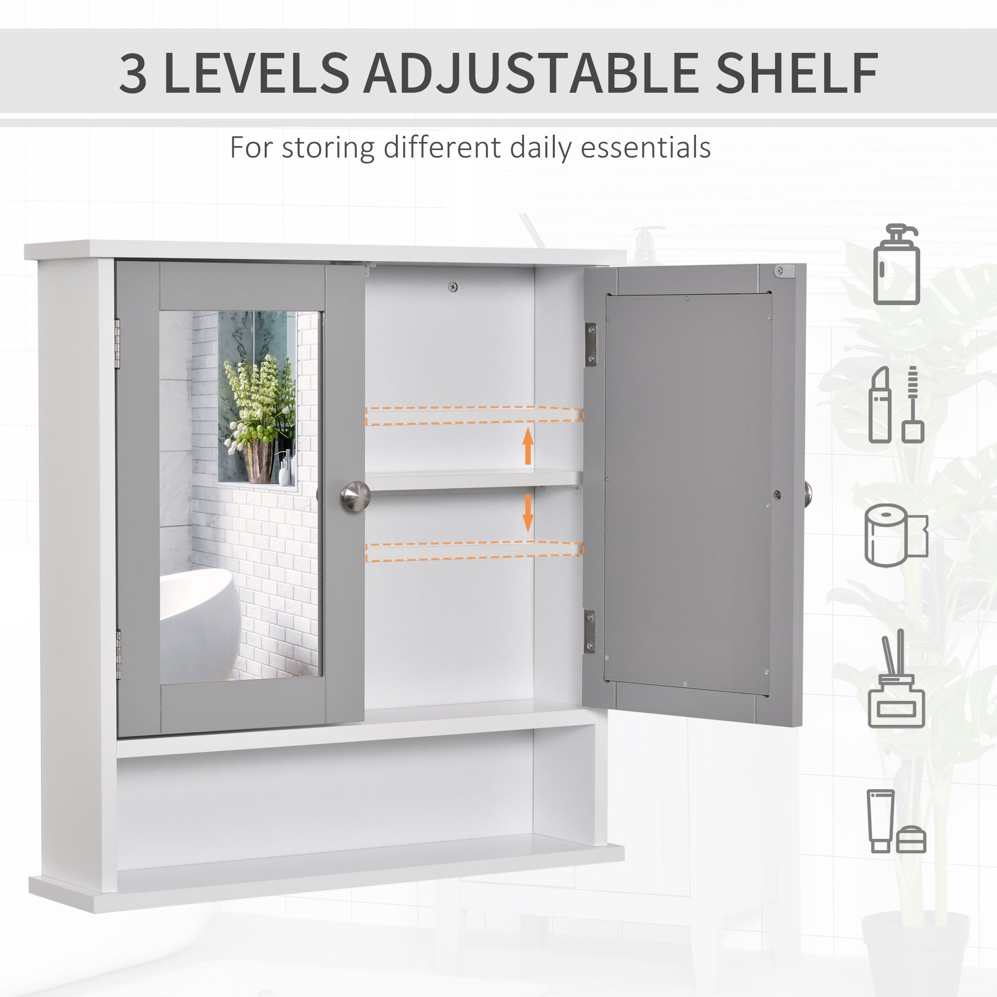 kleankin Mirror Cabinet Wall Mounted with Double Mirrored Doors, Hanging Cabinet with Cupboard and Shelf, Bathroom Wall Storage Organizer, Grey - North Peak Garden Furniture