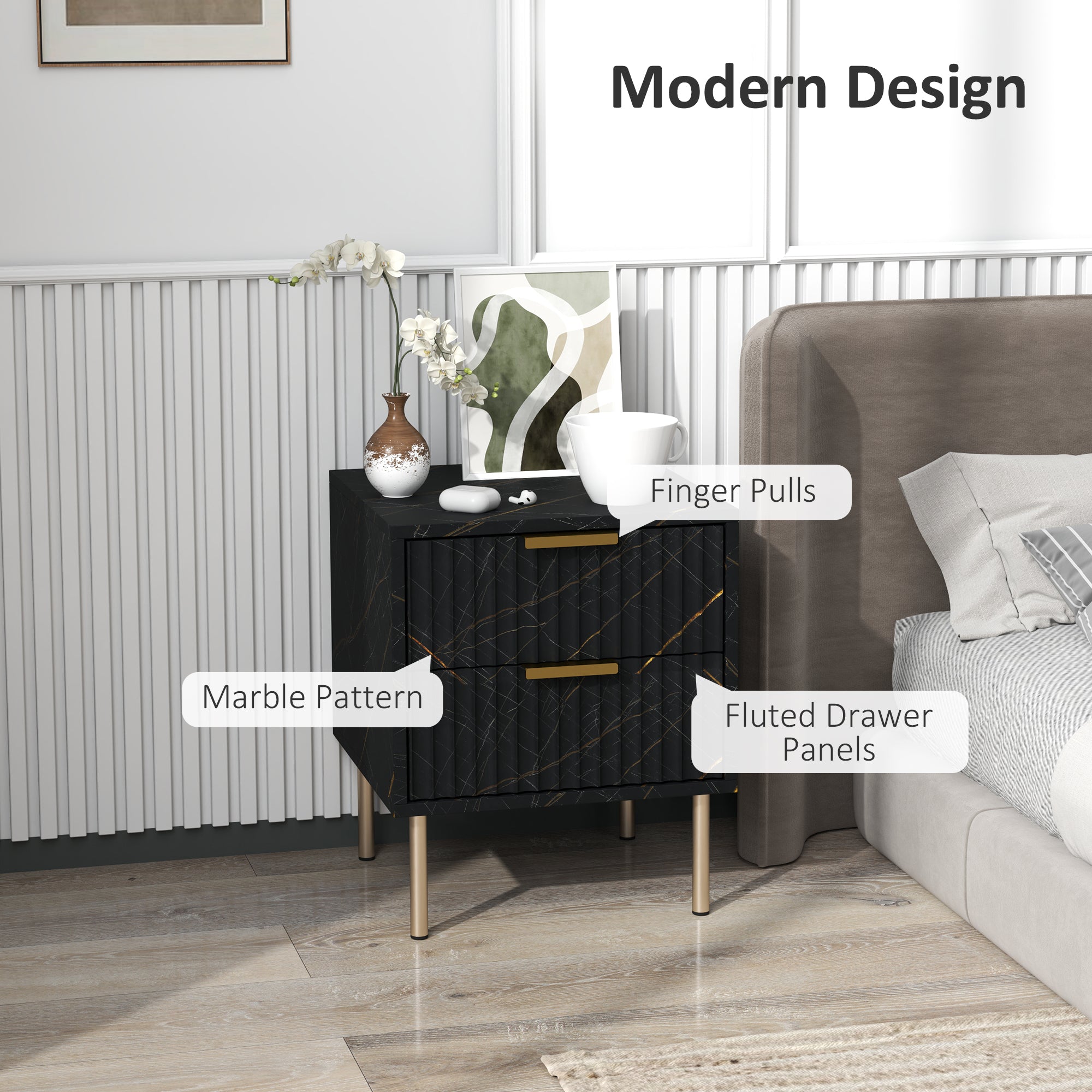 HOMCOM Elegant Two-Drawer Bedside Table - Black - North Peak Garden Furniture