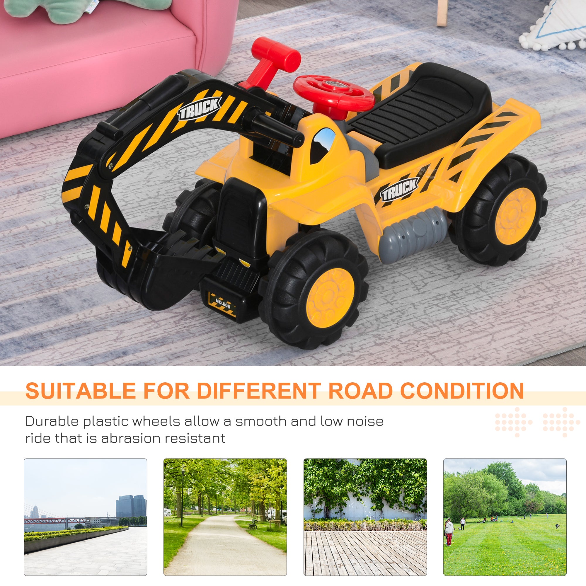 HOMCOM Kids Ride On Excavator Digger w/ Storage Basketball Net Steering NO POWER Wheel Vehicle Truck Toy - North Peak Garden Furniture