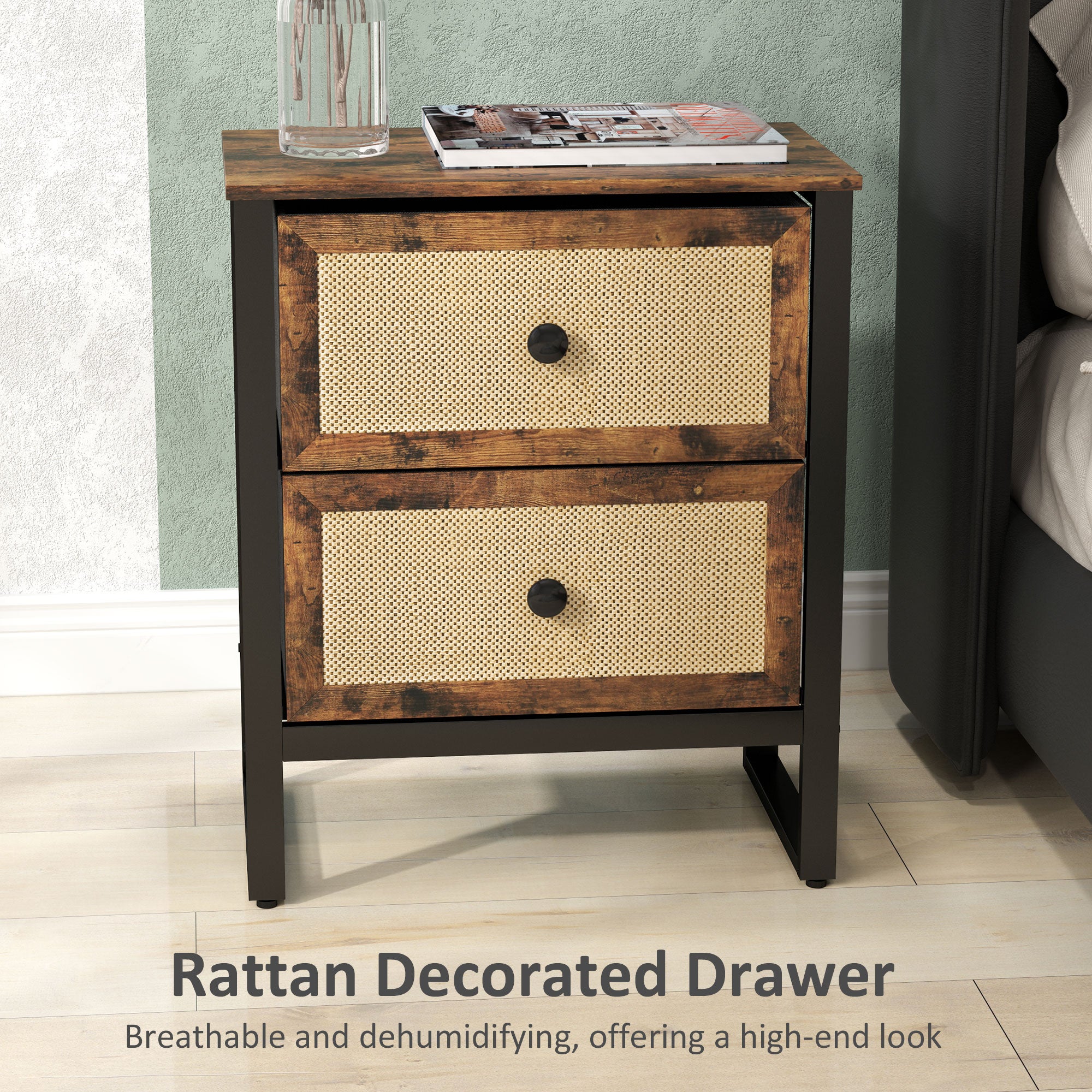 HOMCOM Industrial-Natural Bedside Table Set of 2 - Brown