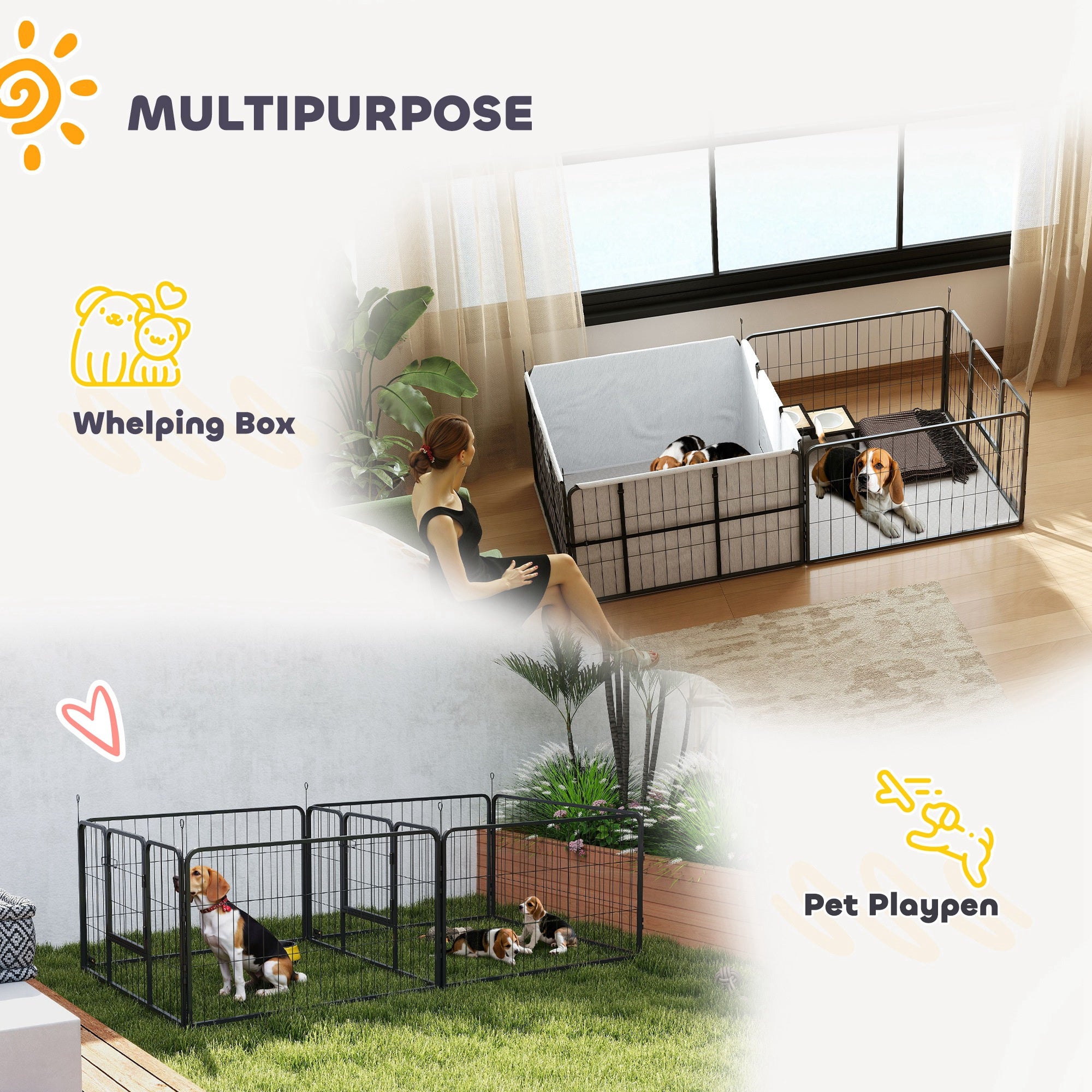 PawHut 7 Panel Dog Whelping Box, Heavy Duty Dog Playpen with Washable Pee Pads, Windproof Fabric, for Small and Medium Dogs