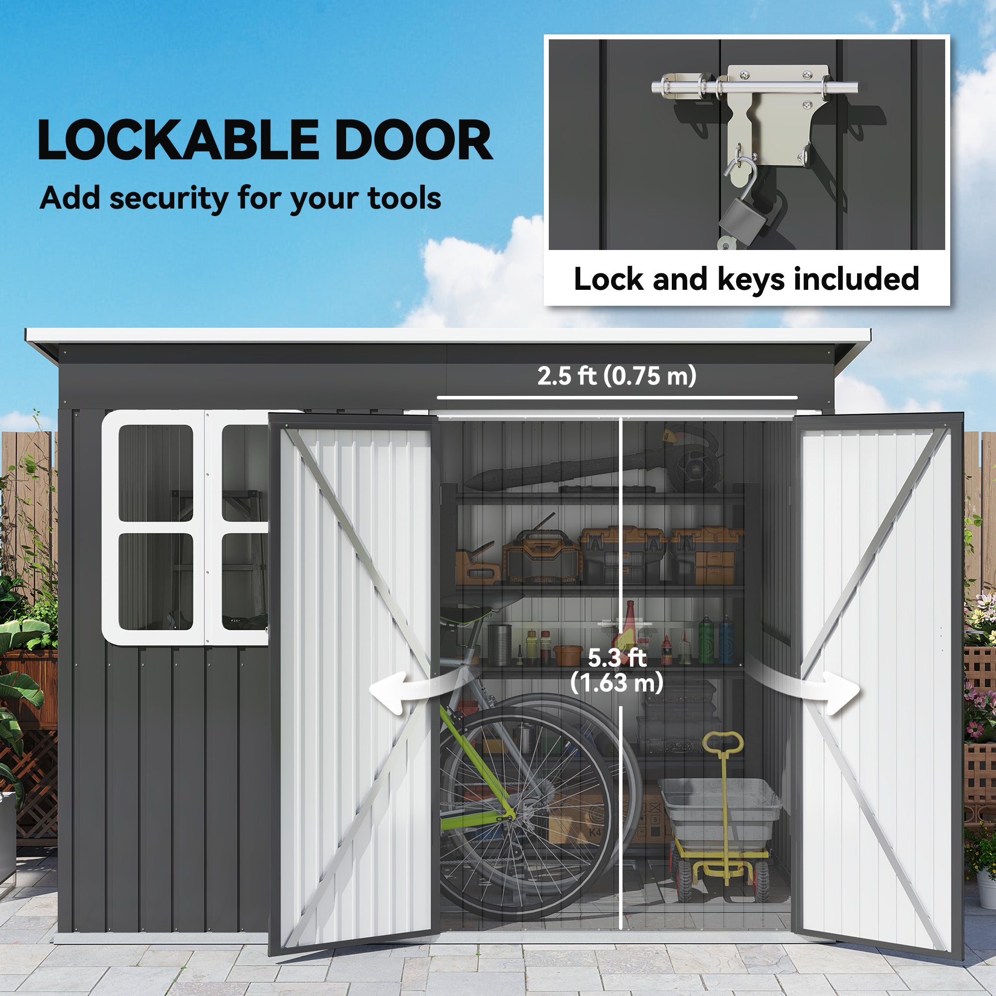 Outsunny 8.5 x 6ft Storage Shed Galvanised Steel Garden Shed, Metal Shed with Foundation Kit, Window, Lockable Wide Doors and Air Vents for Outdoor Patio, Dark Grey