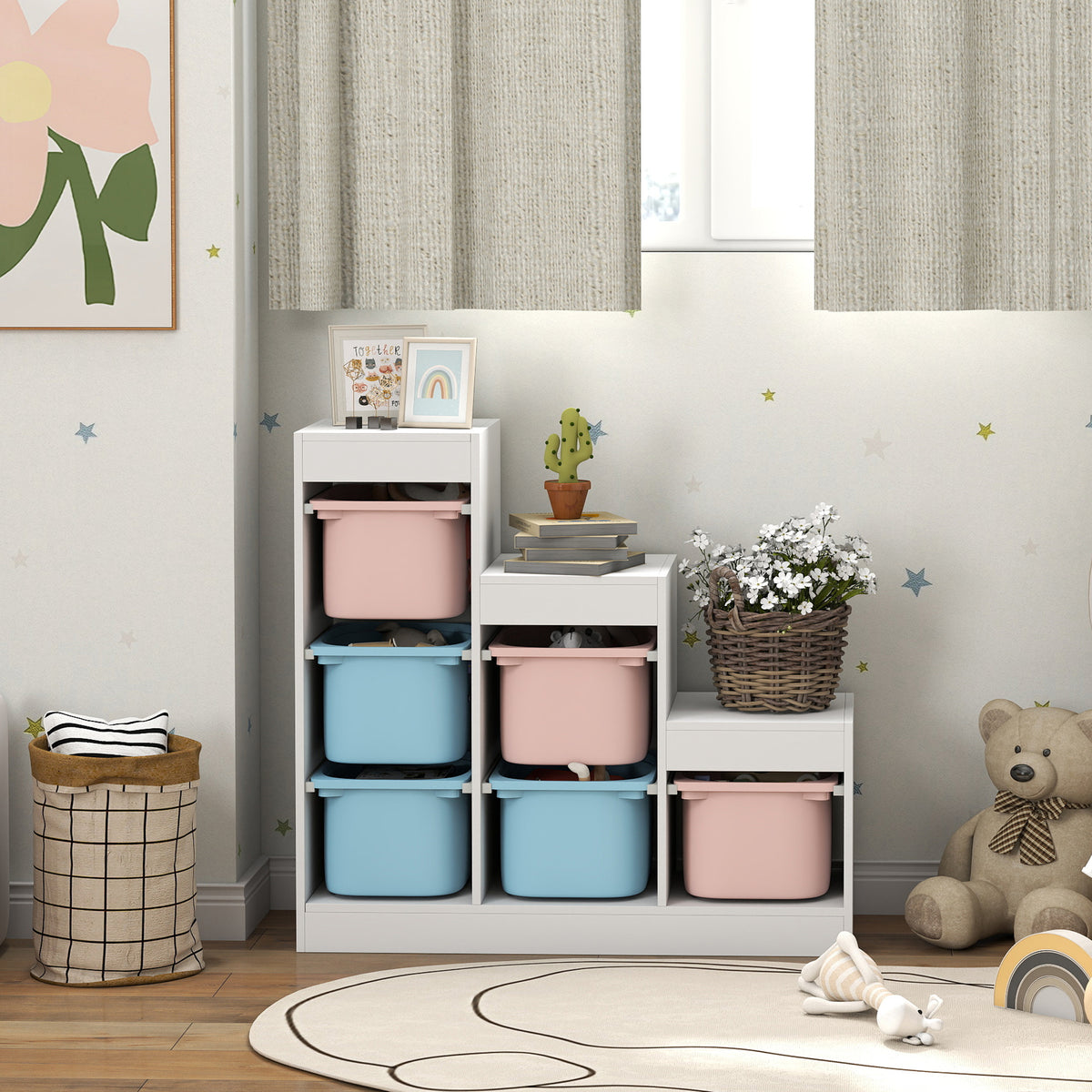 AIYAPLAY Toy Storage Organiser, Three-Layer Kids Toy Storage Units, with Removable Bins, for Ages 3-8 Years, Multi-colour