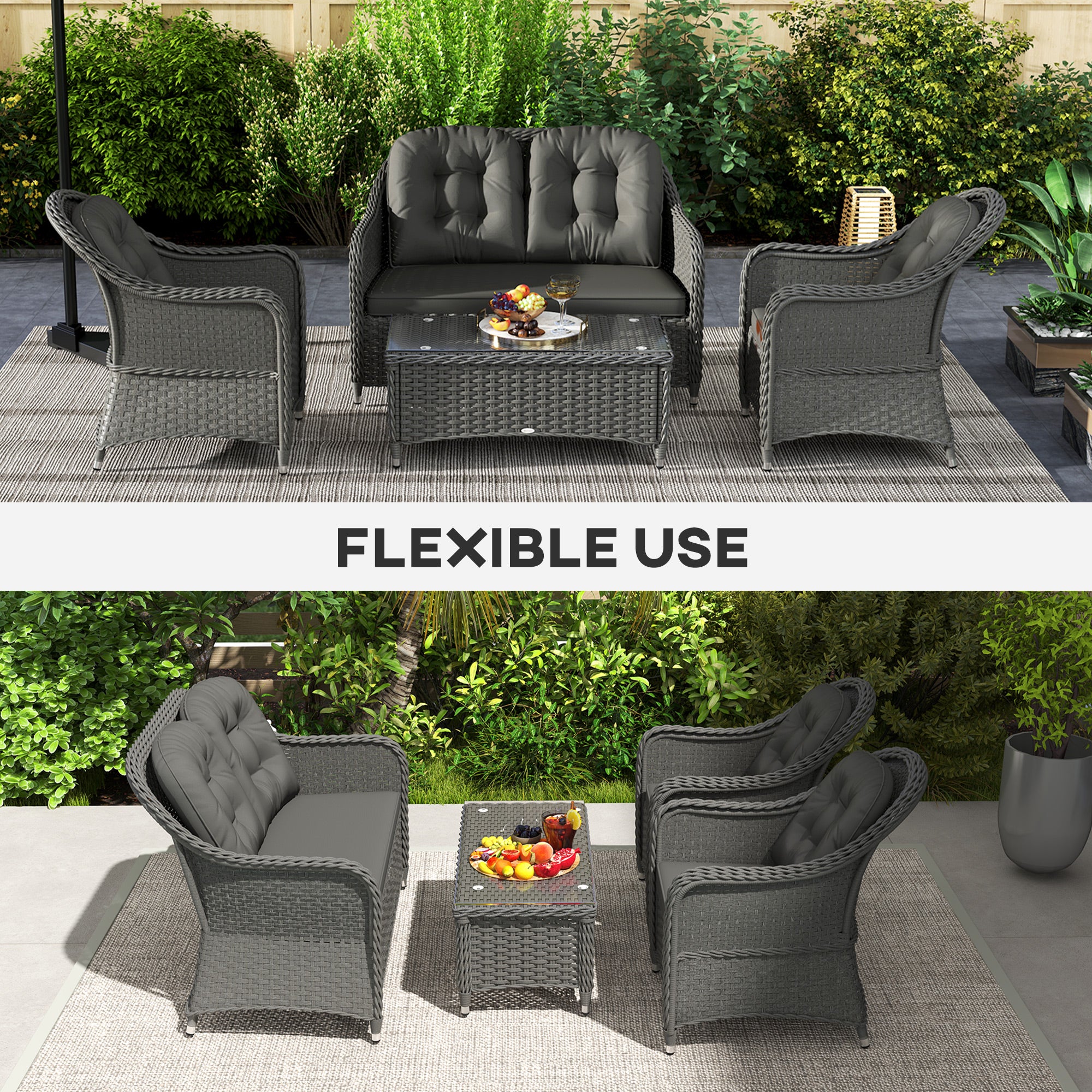 Outsunny Four-Piece Rattan Sofa Set, with Glass-Top Table - Light Grey - North Peak Garden Furniture