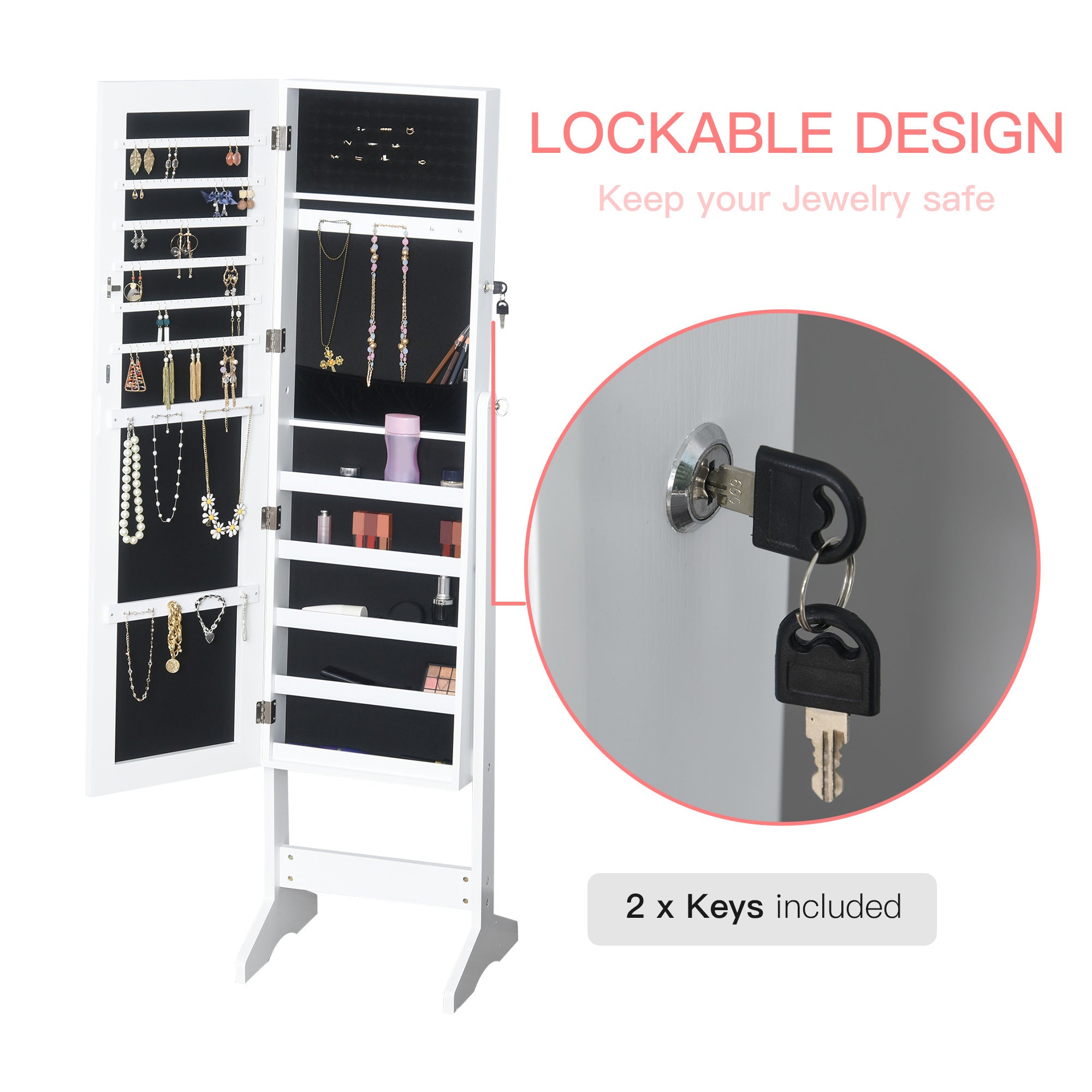 HOMCOM Jewelry Cabinet Standing Mirror Full Length Makeup Lockable Armoire Storage Organizer White - North Peak Garden Furniture
