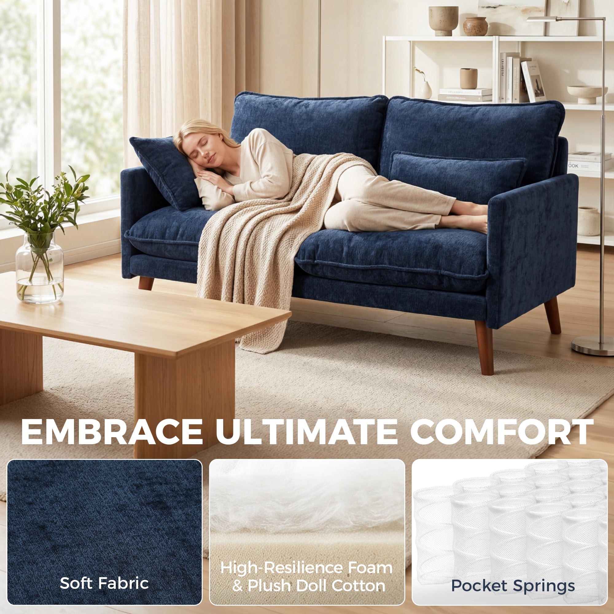 HOMCOM 2 Seater Sofa, Loveseat Sofa with Spring Cushions, Wide and Deep Seat, Wood Legs, Blue
