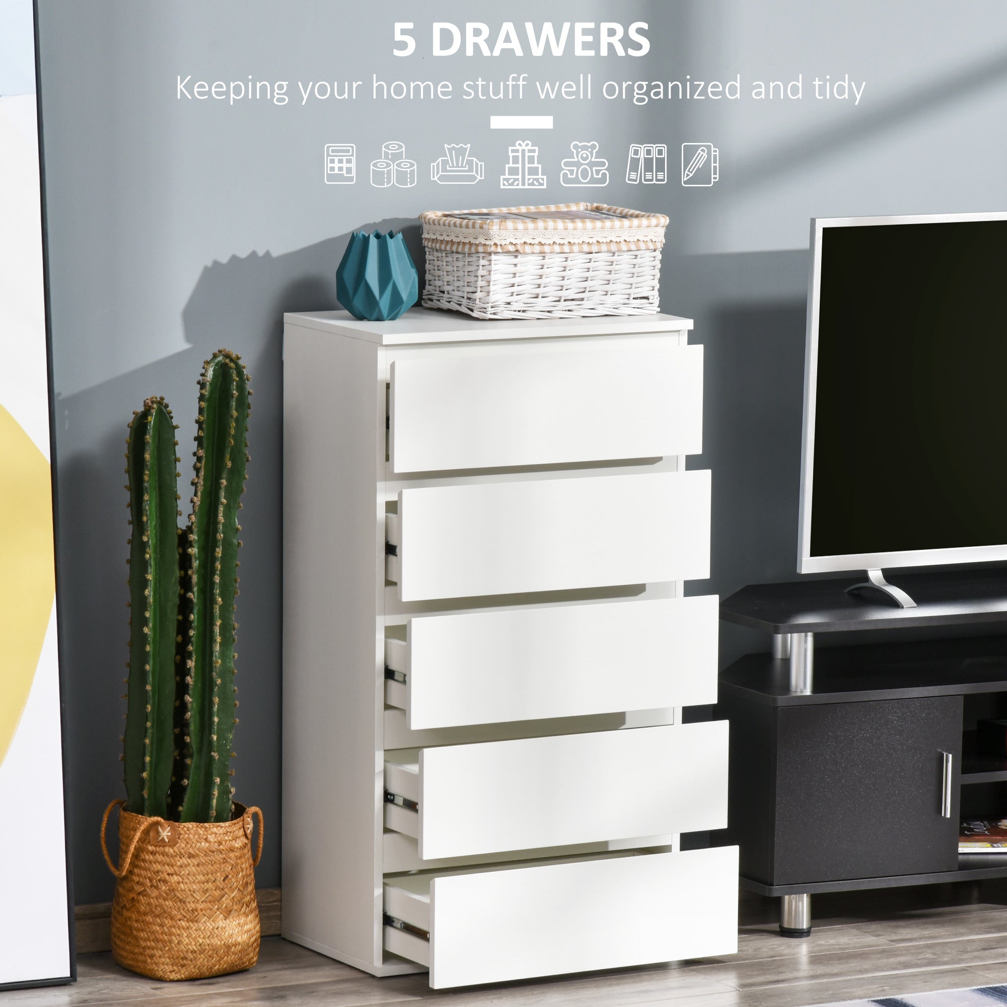 HOMCOM Chest of Drawers, 5 Drawers Storage Cabinet Floor Tower Cupboard for Bedroom Living Room, White - North Peak Garden Furniture