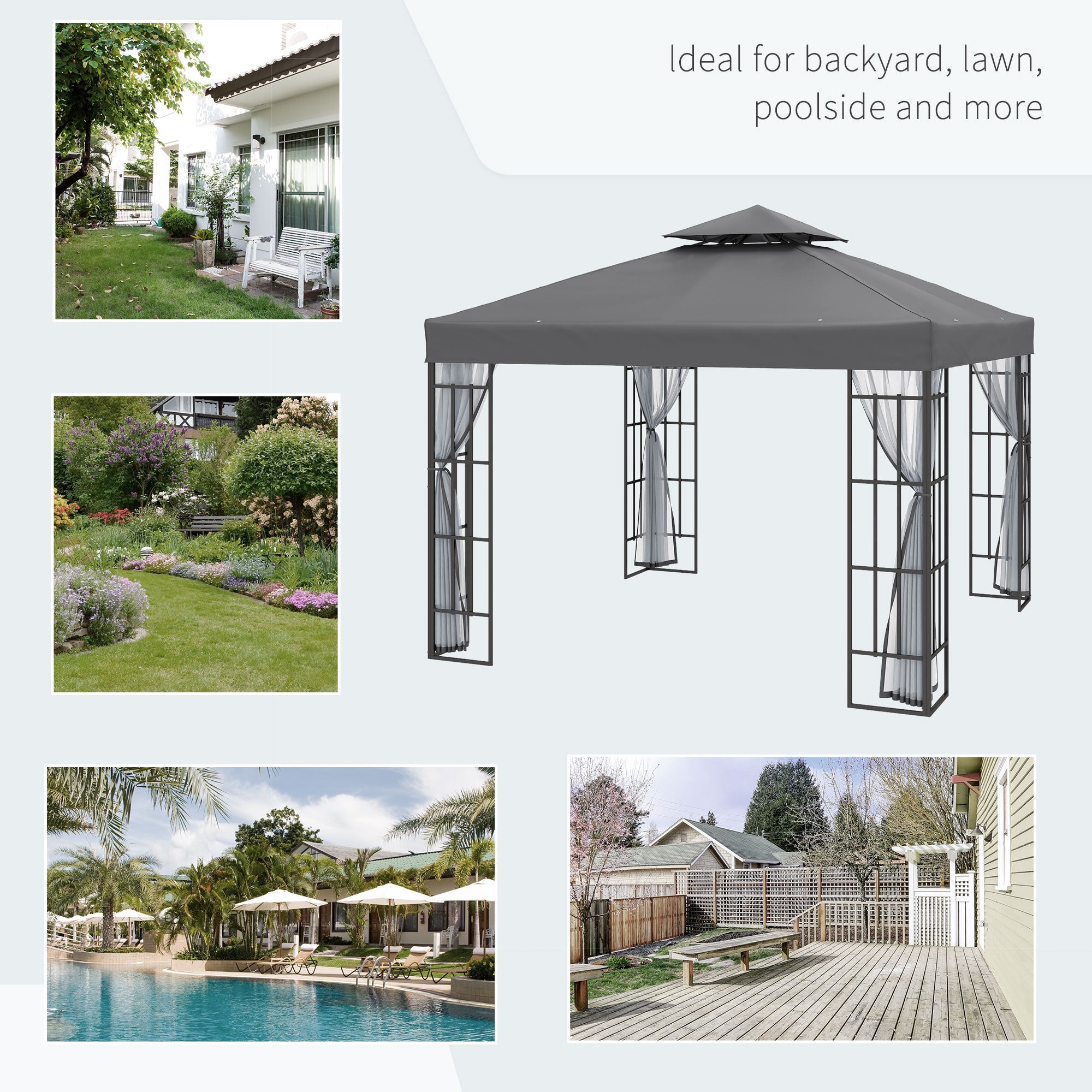 Outsunny 3 x 3(m) Patio Gazebo Canopy Garden Pavilion Tent Shelter with 2 Tier Roof and Mosquito Netting, Steel Frame, Grey - North Peak Garden Furniture