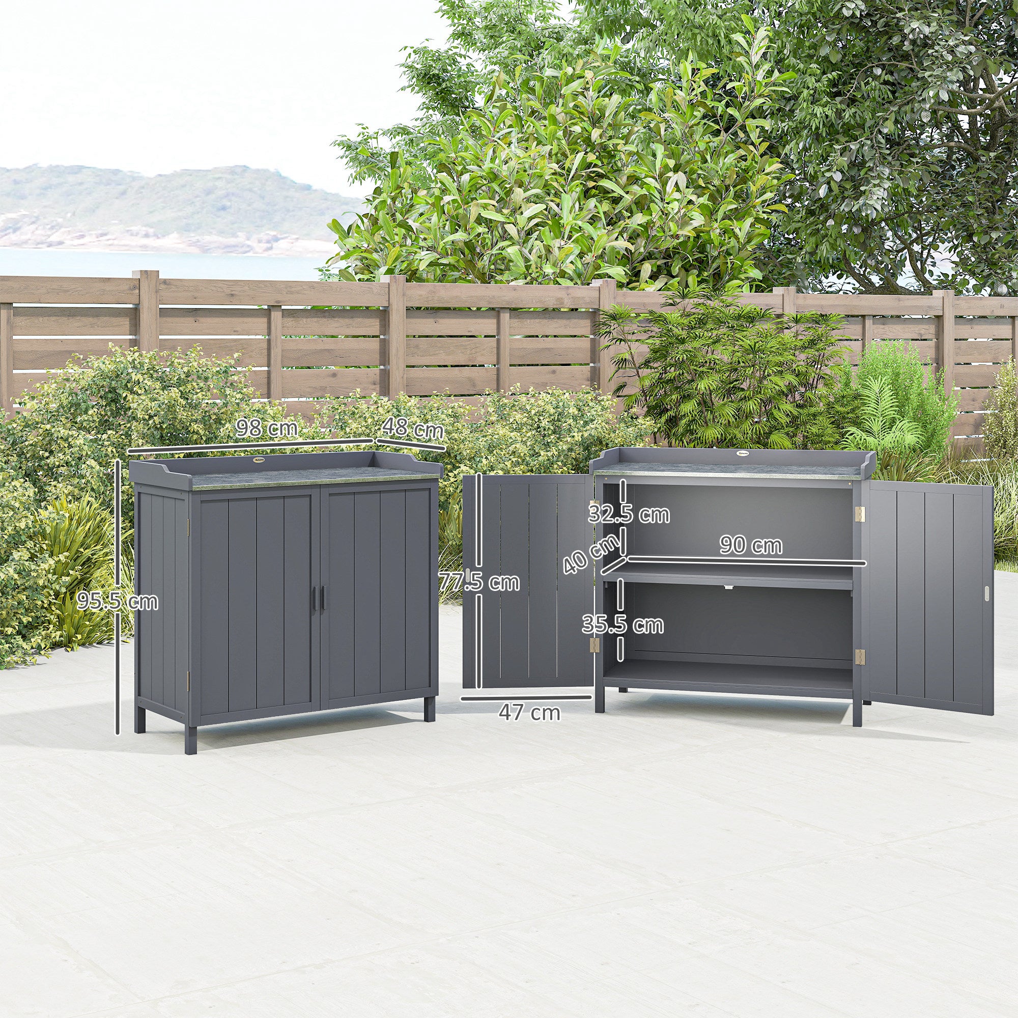 Outsunny Garden Storage Cabinet, Outdoor Tool Shed, Potting Bench Table with Galvanized Top and Two Shelves for Yard Tools or Pool Accessories, Grey