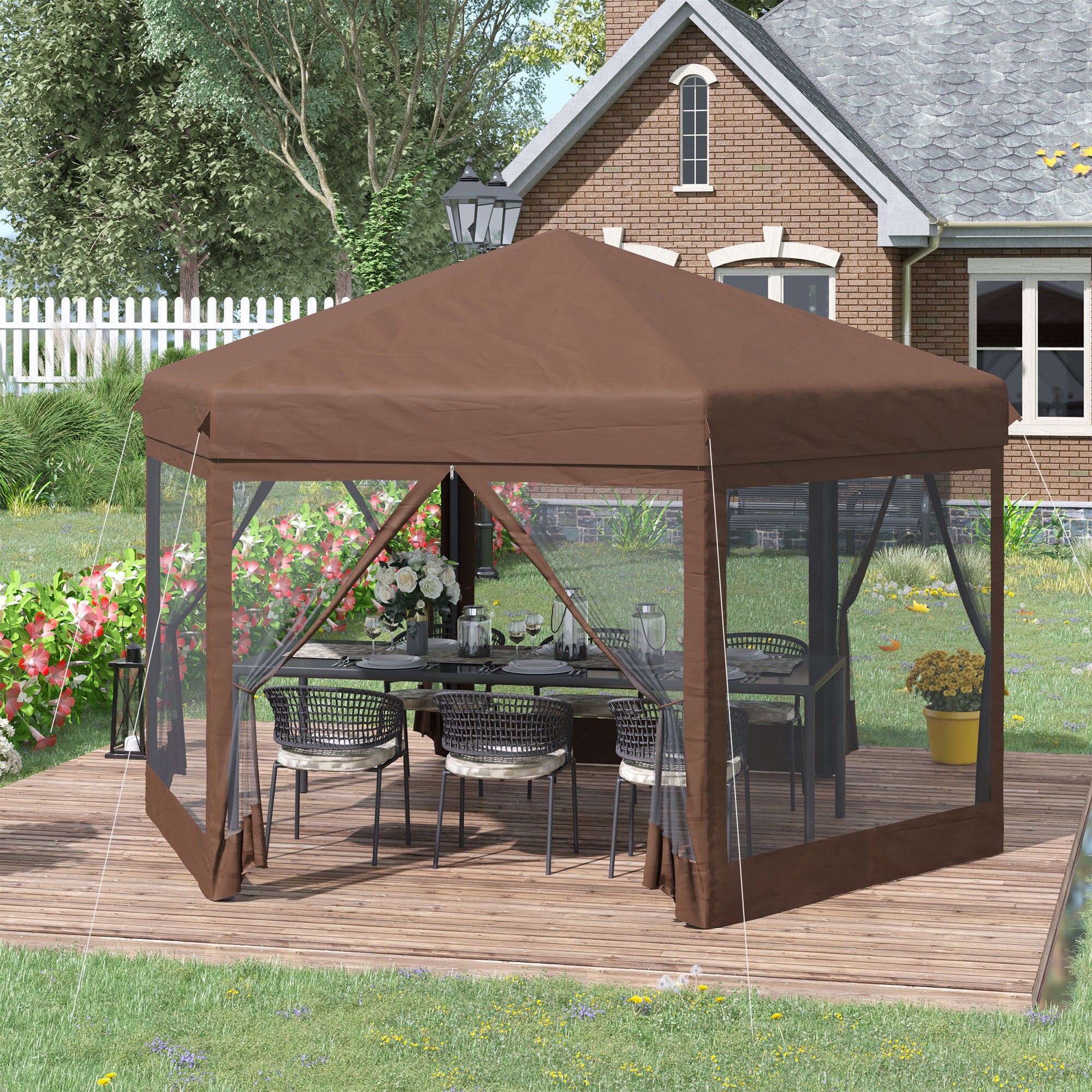 Outsunny 3x3.5m Hexagonal Pop Up Gazebo Party Canopy Height Adjustable Tent Sun Shelter w/ Mosquito Netting Zipped Door, Brown