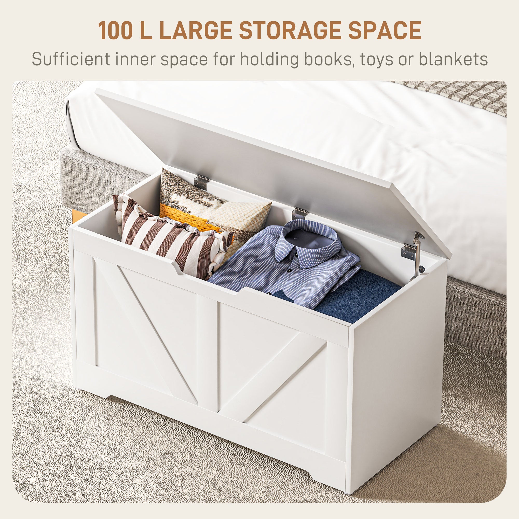 HOMCOM 100L Home Storage Box, with Safety Hinges - White Wood-Effect - North Peak Garden Furniture