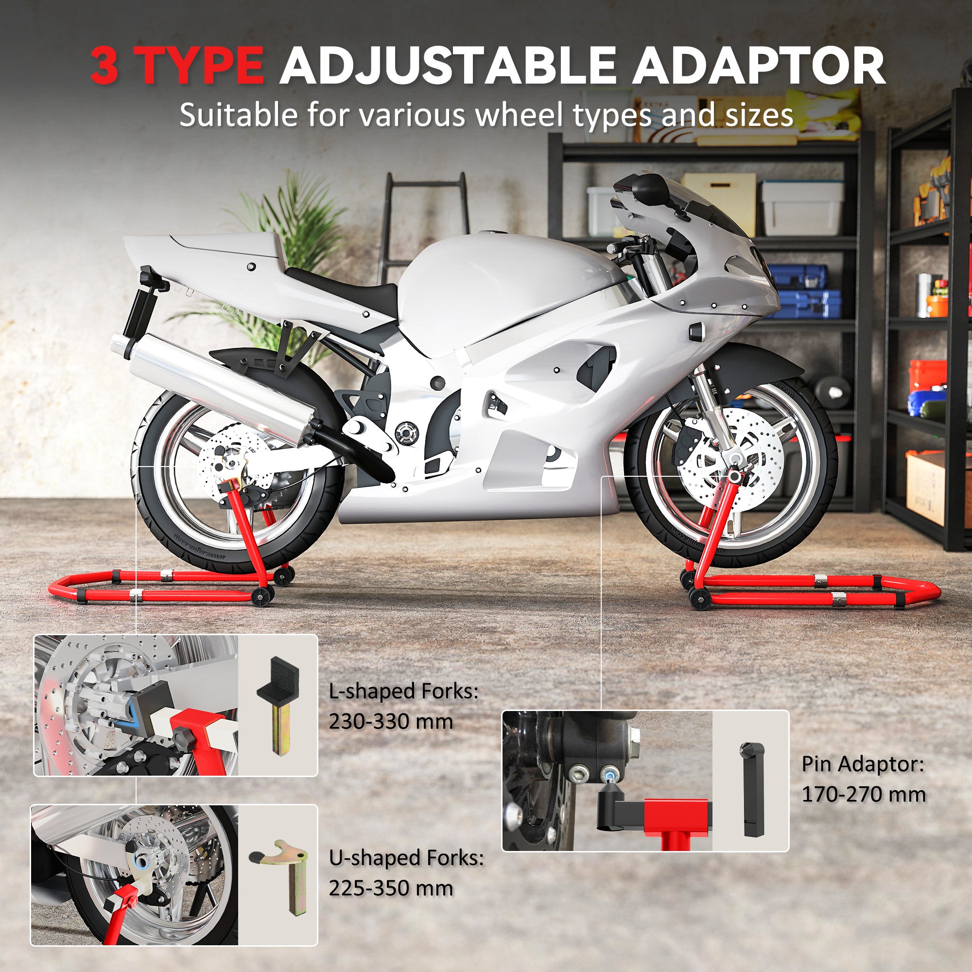 HOMCOM Motorcycle Stand, Front/Rear Paddock Stand, with 390 kg Weight Capacity, Red