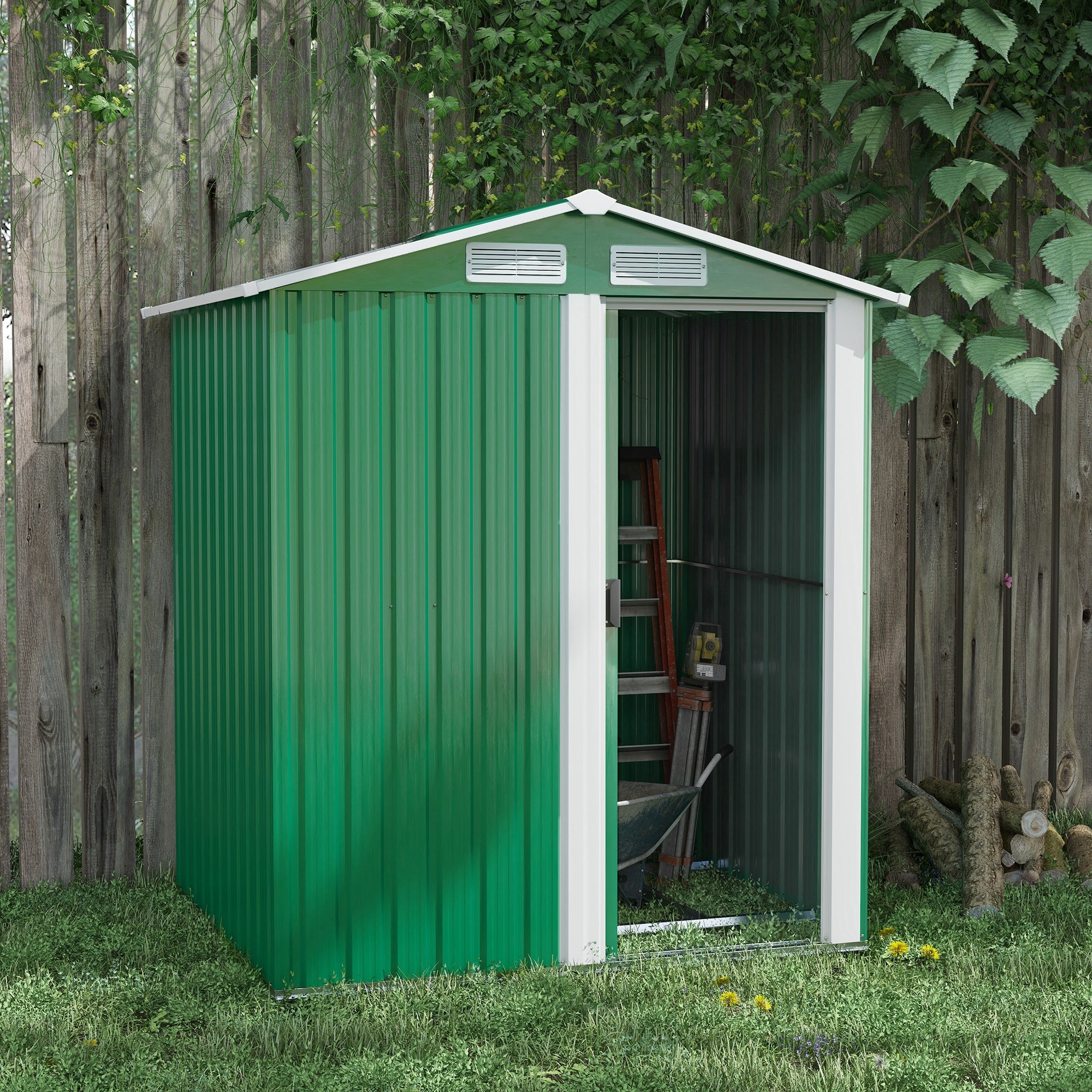 Outsunny Garden Metal Tool Storage Shed with Sliding Door, Sloped Roof and Floor Foundation, 152 x 132 x 188cm, Green - North Peak Garden Furniture