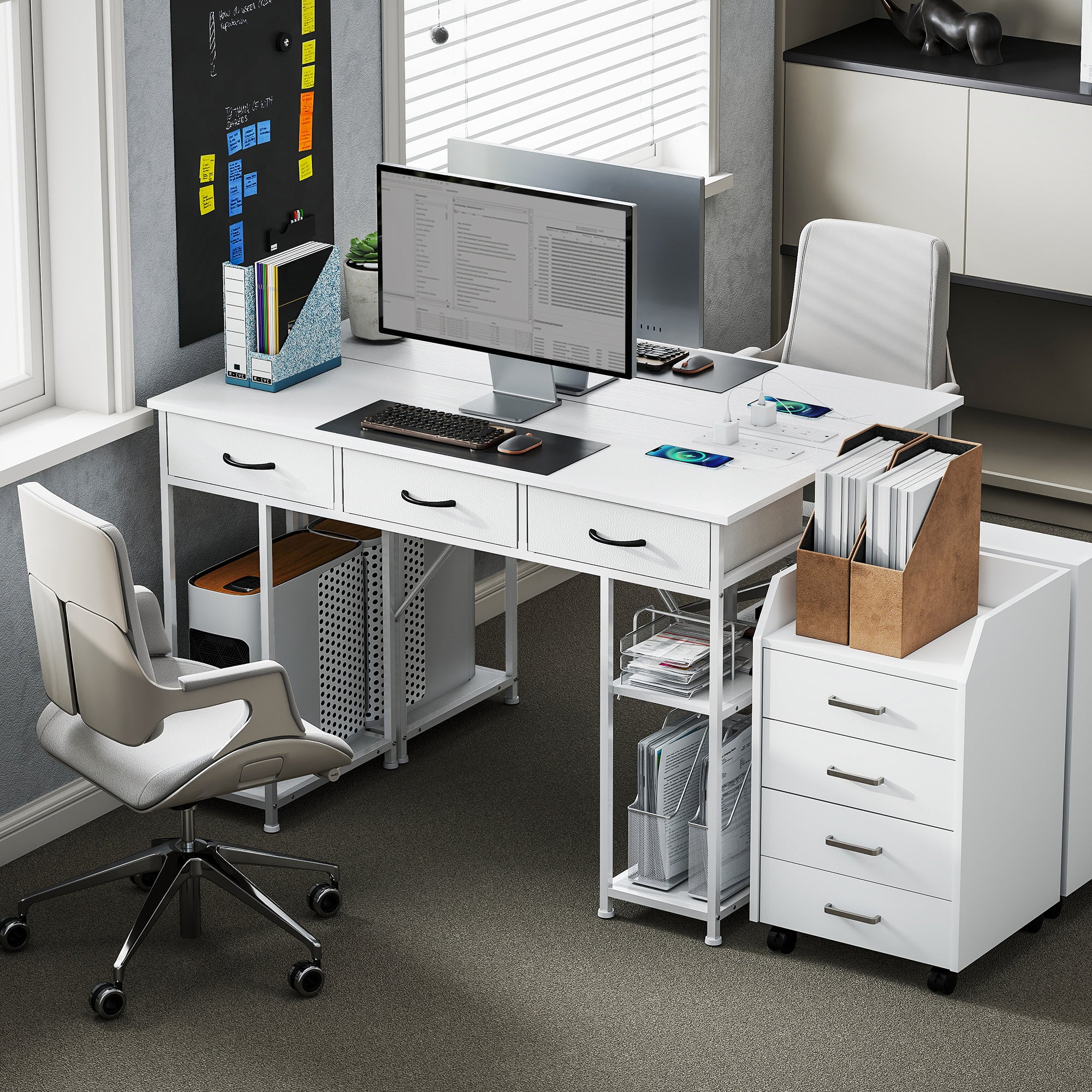 HOMCOM 120cm Computer Desk with Power Outlets, Office Desk Study Table with 3 Fabric Drawers and 4 Storage Shelves, White - North Peak Garden Furniture