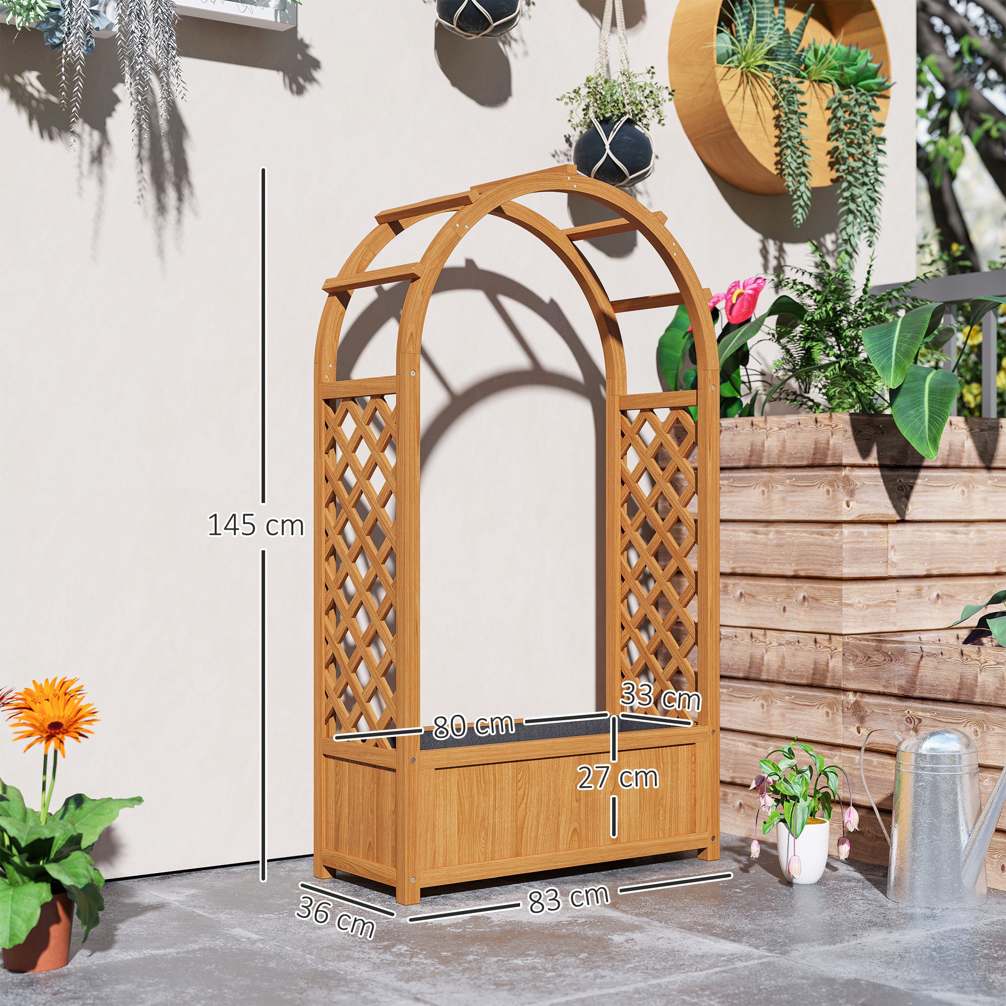 Outsunny Wooden Raised Garden Bed with Trellis, Liner, Drainage Holes, for Vine Climbing Plants, Flowers, 83 x 36 x 145 cm - North Peak Garden Furniture