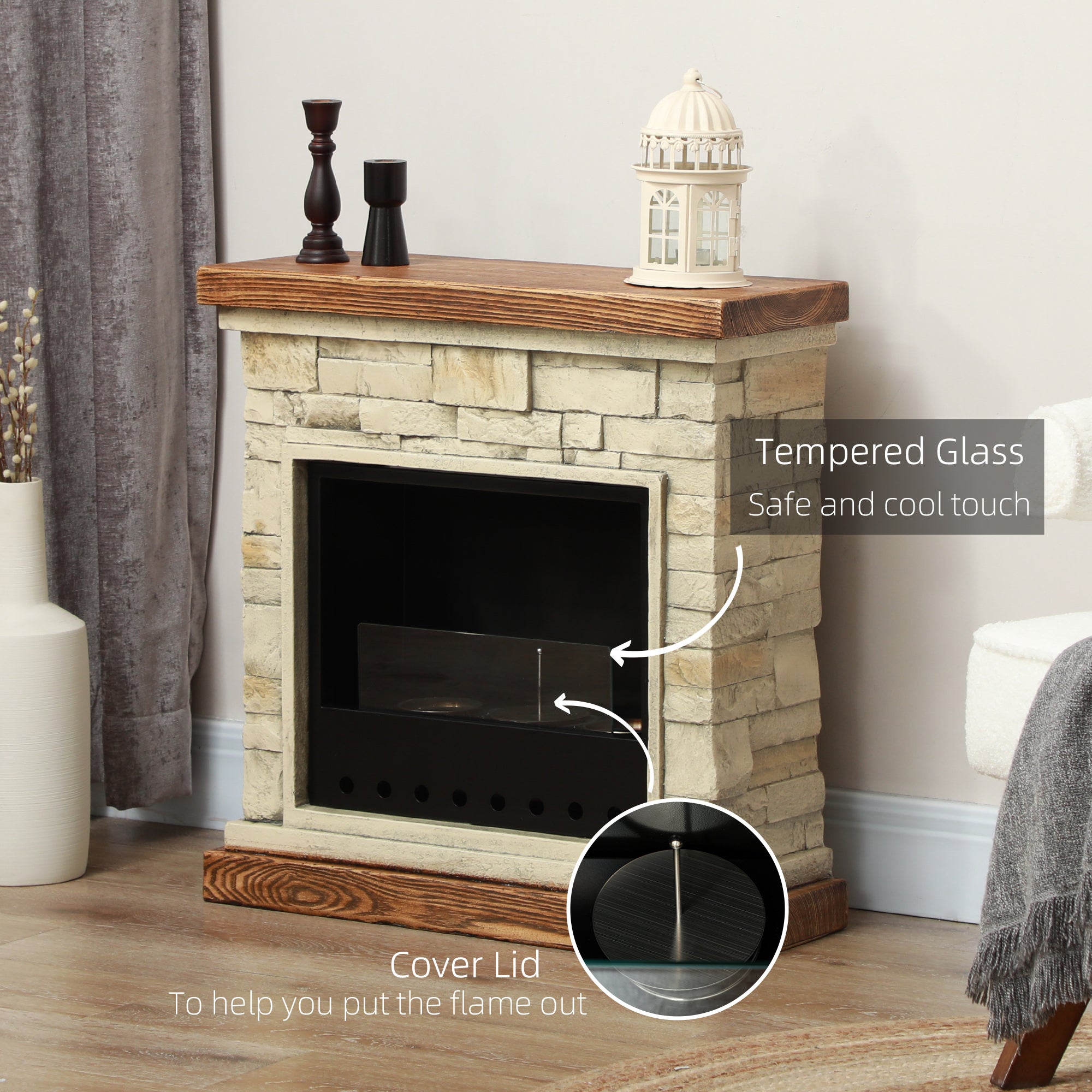 HOMCOM Bioethanol Fire Heater, with Brickwork-Effect Mantelpiece - Brown