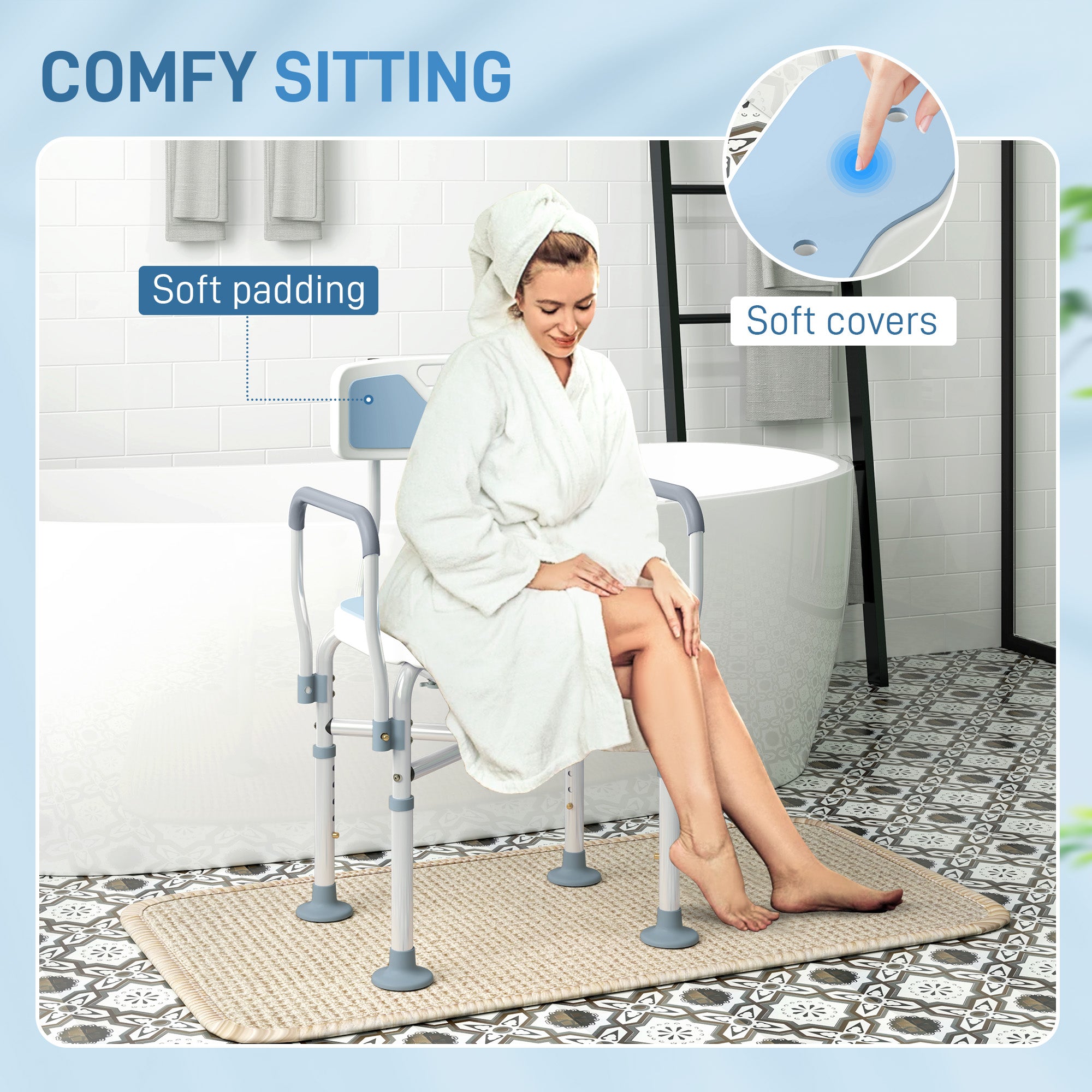 HOMCOM Aluminium Shower Chair, with Padded Seat - Light Blue - North Peak Garden Furniture