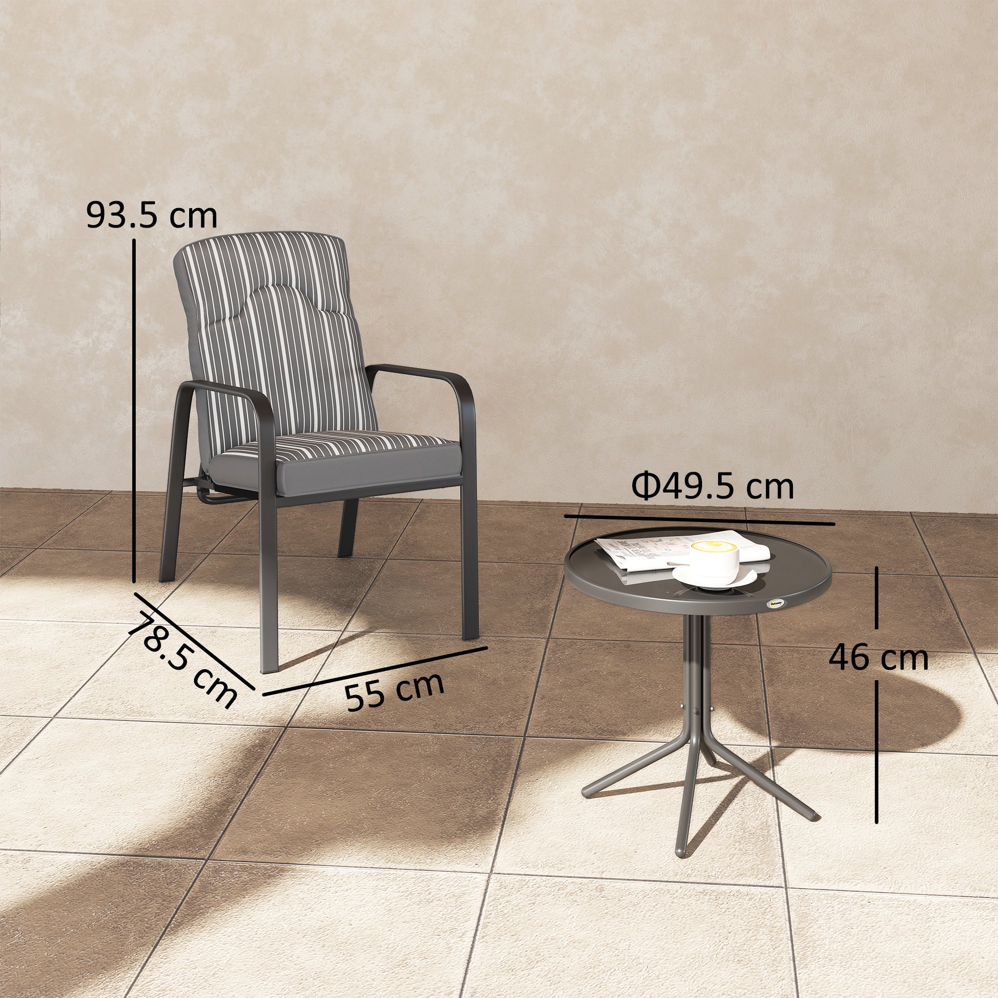 Outsunny 3-Piece Patio Bistro Set, 5-Position Adjustable Recliner Garden Chairs and Tempered Glass Table, Garden Furniture Set with Cushions, High Back, Armrests, Metal Frame for Balcony Patio, Grey - North Peak Garden Furniture