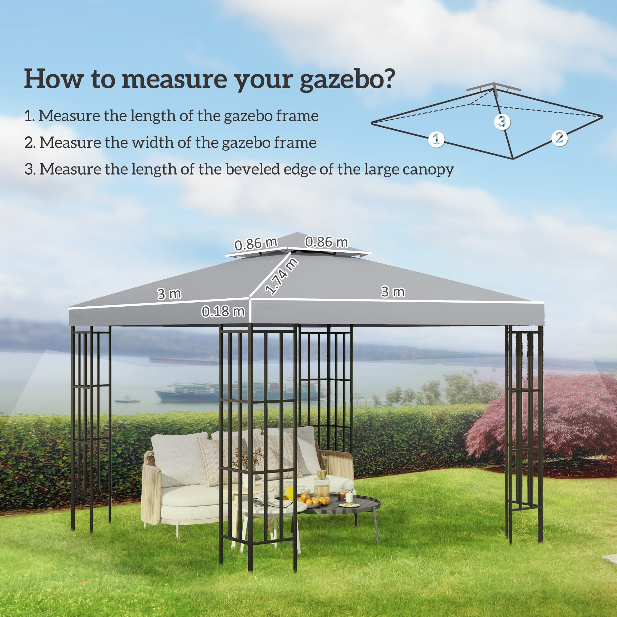 Outsunny 3(m) Gazebo Top Cover Double Tier Canopy Replacement Pavilion Roof Light Grey - North Peak Garden Furniture