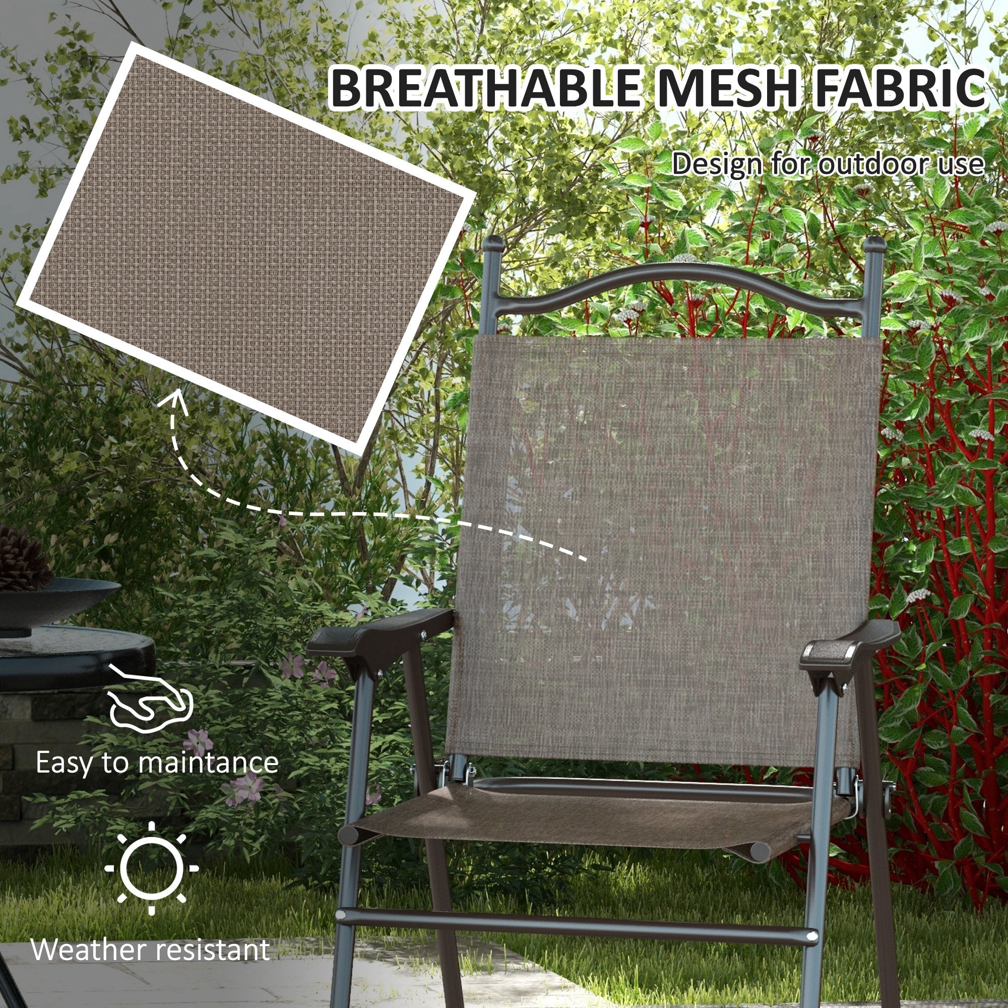 Outsunny Set of Two Folding Garden Chairs, with Fabric Mesh Seats - Mixed Brown - North Peak Garden Furniture