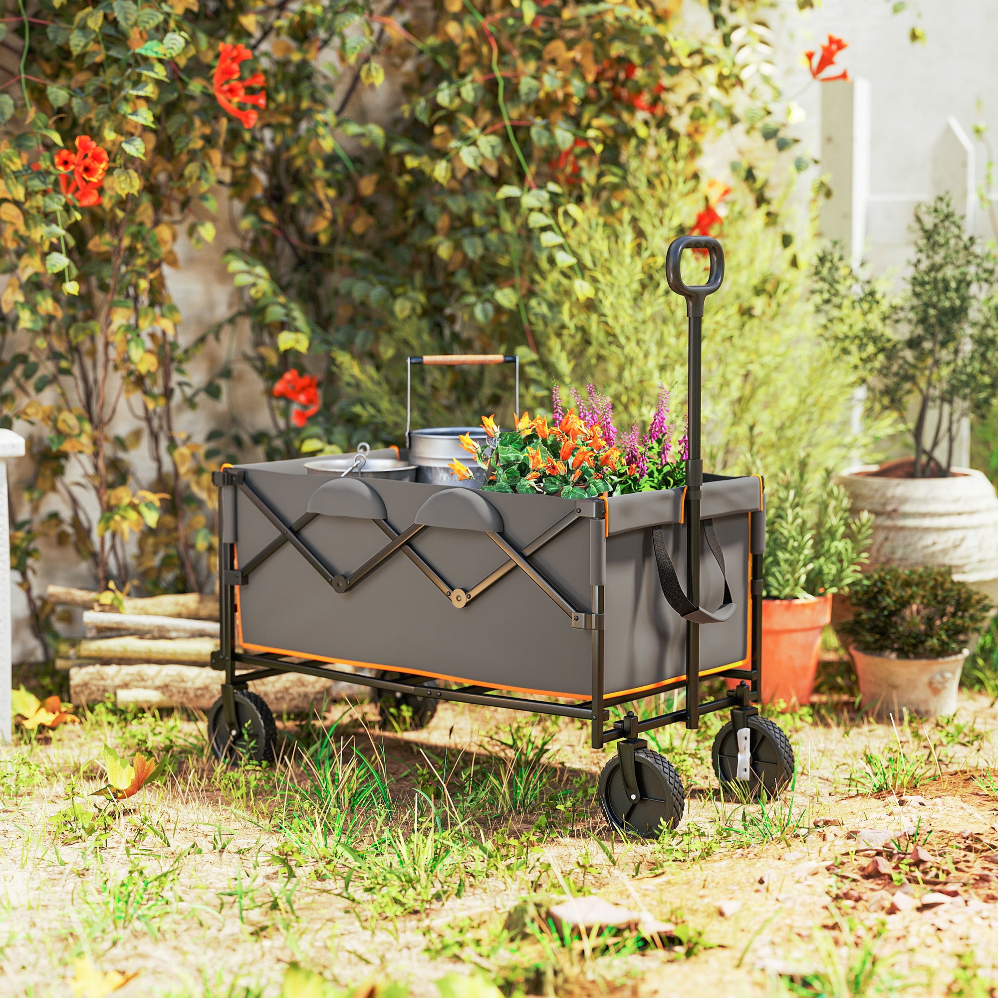 Outsunny 160L Festival Trolley on Wheels, Folding Camping Trolley Cart w/ Tailgate, 100kg Heavy Duty Garden Collapsible Folding Wagon w/Adjustable Handle, Carry Bag for Beach Picnic, Grey and Orange - North Peak Garden Furniture